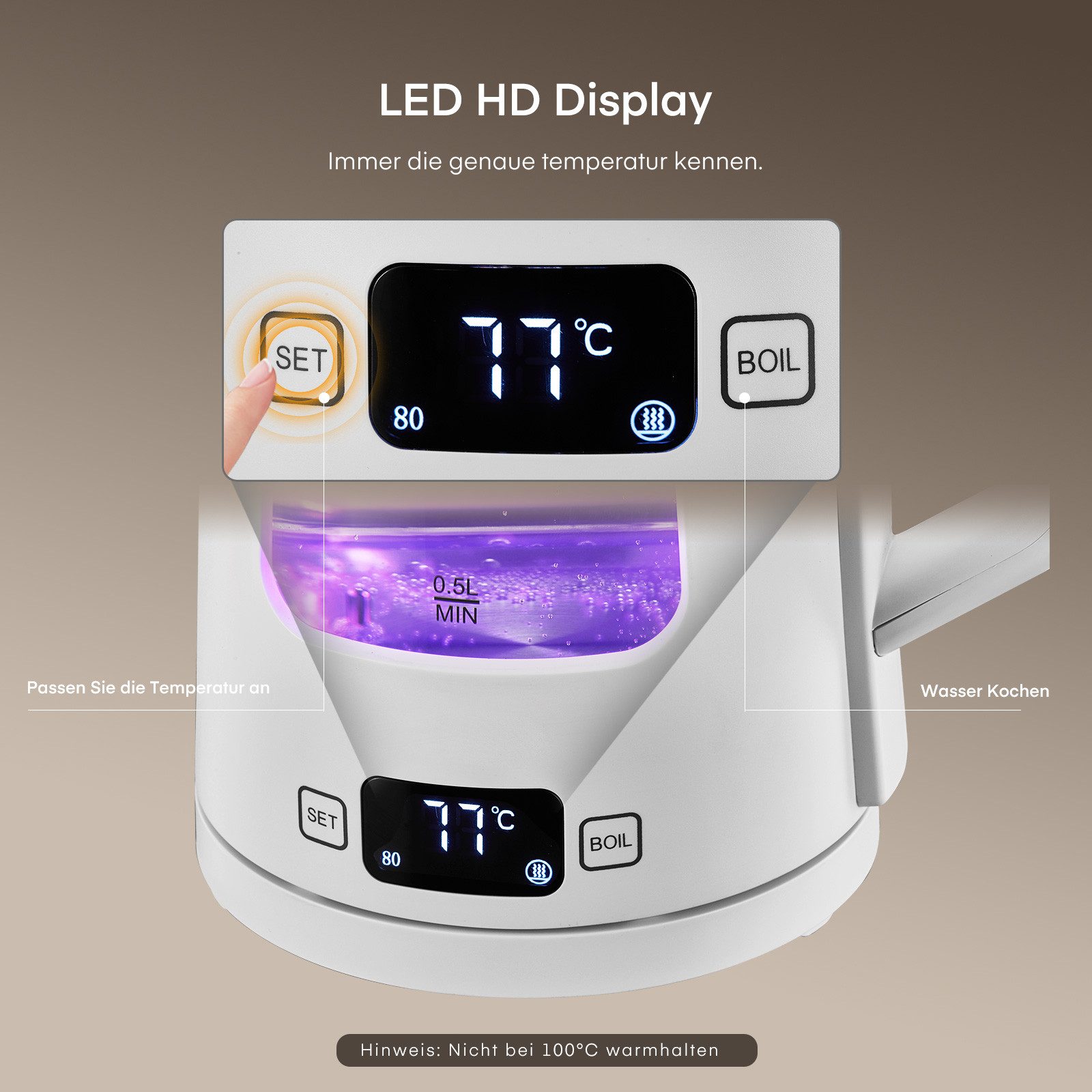 FOHERE Wasserkocher aus Glas mit Temperatureinstellung und 5 LED, 1.7 l, 2200 W, aus hochwertigem Edelstahl, Borosilikatglas & BPA-freiem Kunststoff – Bild 4 von 5