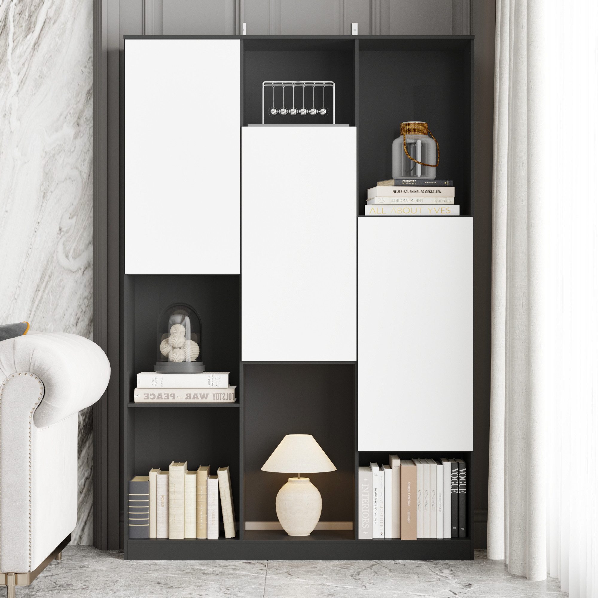 FUFU&GAGA Bücherregal 3 Türen und 12 Stauräume,120*30*160cm, Schwarz+weiß, günstig online kaufen
