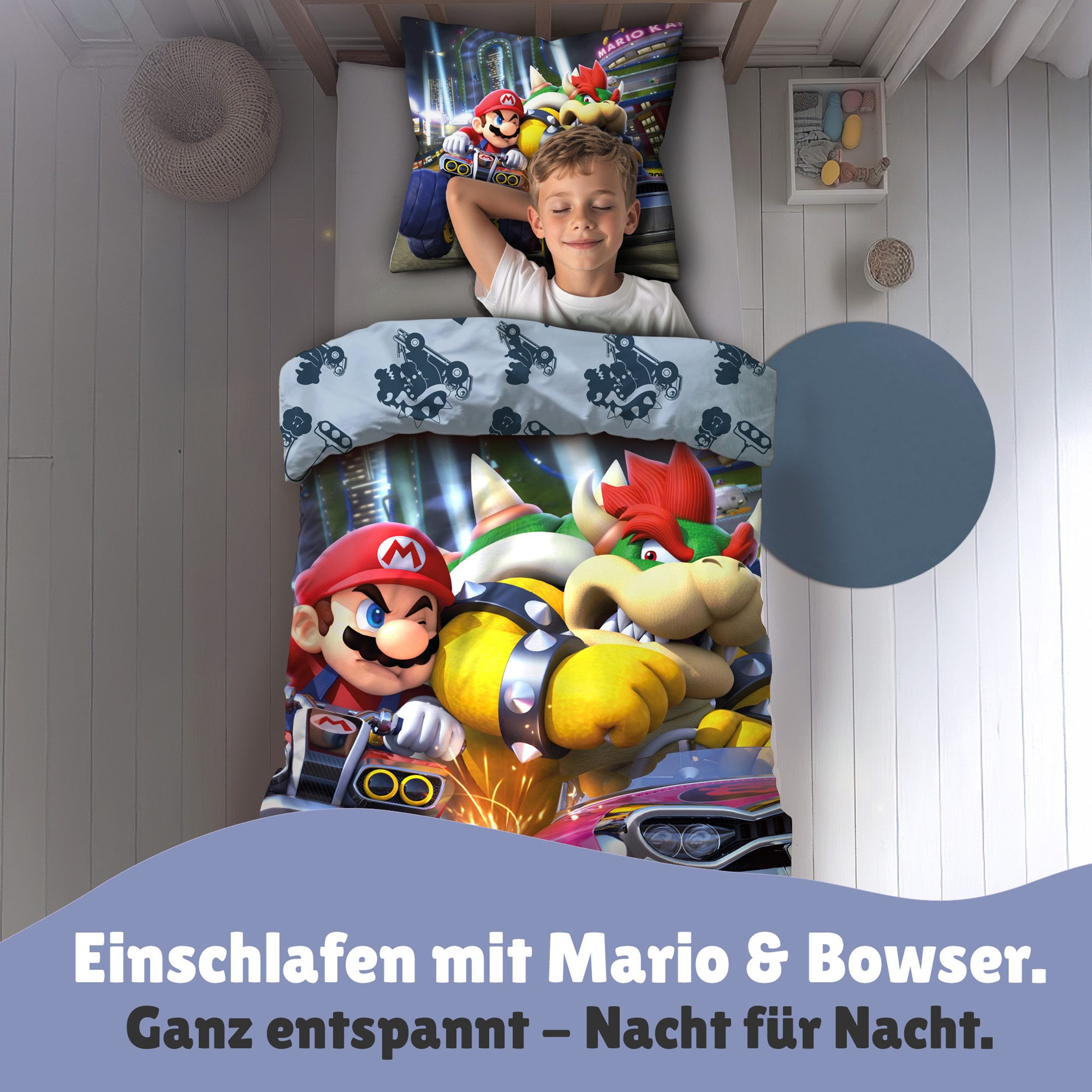 Familando Kinderbettwäsche Nintendo Super Mario Kart "Bump" 135x200 + 80x80cm aus 100% Baumwolle, Renforcé, 2 teilig, mit Reißverschluss und Wendemotiv