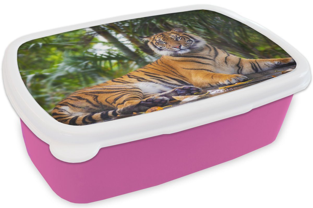 Dschungel, für MuchoWow Kunststoff Erwachsene, Brotbox - Wald Snackbox, - Brotdose Mädchen, Tiere Tiger rosa Kunststoff, Lunchbox - (2-tlg), Kinder,