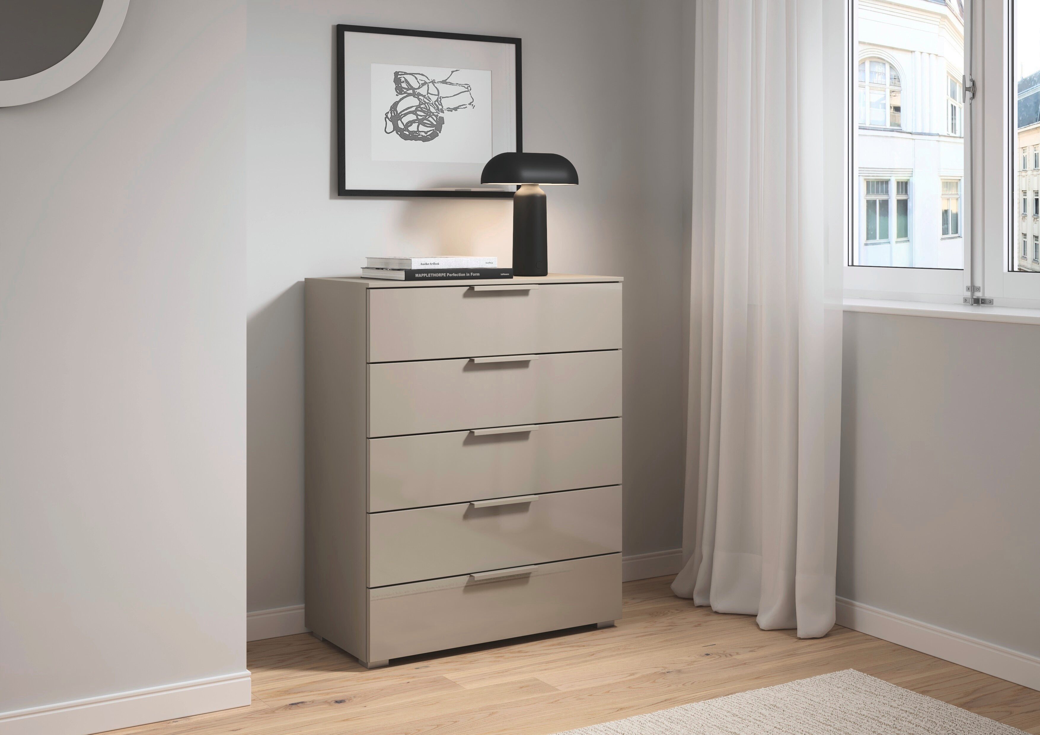 rauch Schubkastenkommode Highboard Sideboard Kommode MONTCLAR Frontauswahl Dekor/Hochglanz/Glas (in 2 Breiten: 40 oder 80 cm / Höhe 100 cm, inkl. Soft-Close-Funktion), mit 5 geräumigen Schubladen, viele Griffvarianten MADE IN GERMANY
