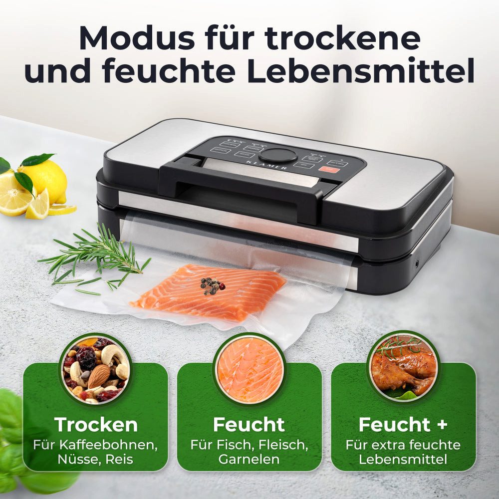 KLAMER Vakuumierer für trockene & feuchte Lebensmittel sowie Sous Vide - doppelte Versie…, 125W, Temp.-Überwachung, Cutter, 95 kPa, doppelte Versiegelungsnaht