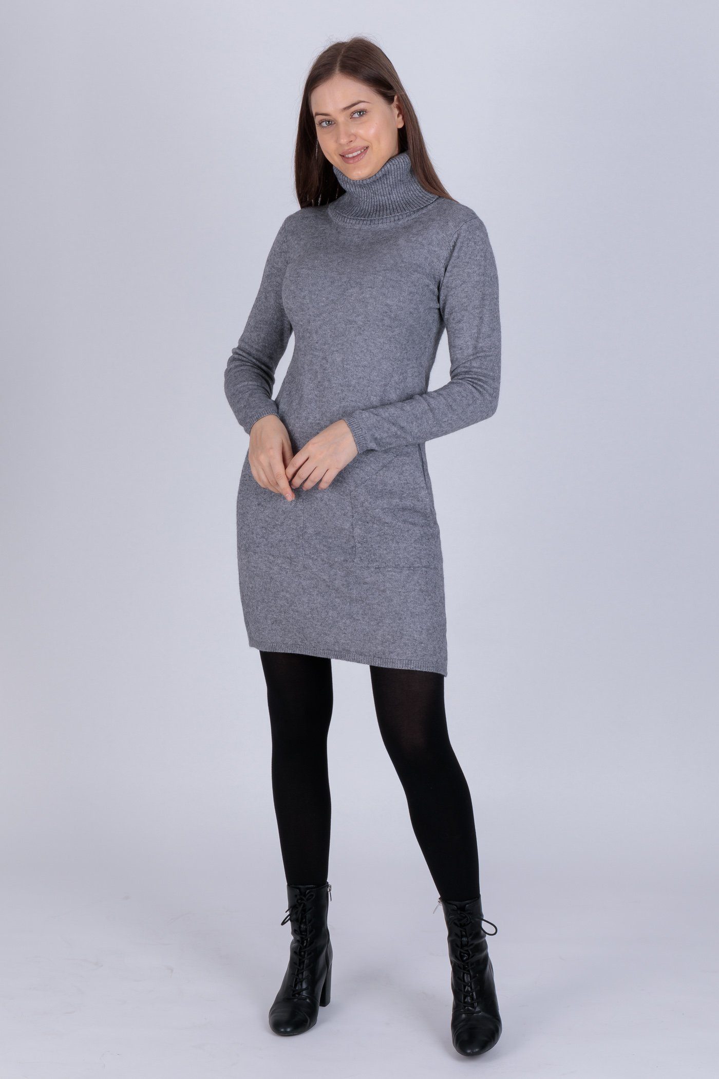 Minikleid Strickkleid langarm Rollkragen Longpullover (1-tlg) Damen grau PEKIVESSA mit