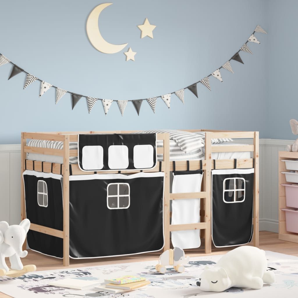 vidaXL Bett Kinderhochbett mit Vorhängen Weiß und Schwarz Massivholz Kiefer