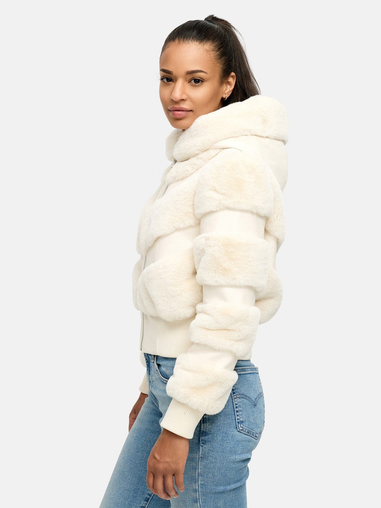 Tazzio Winterjacke F803 mit Kapuze, im Bomber-Style & Fell-Streifen-Look