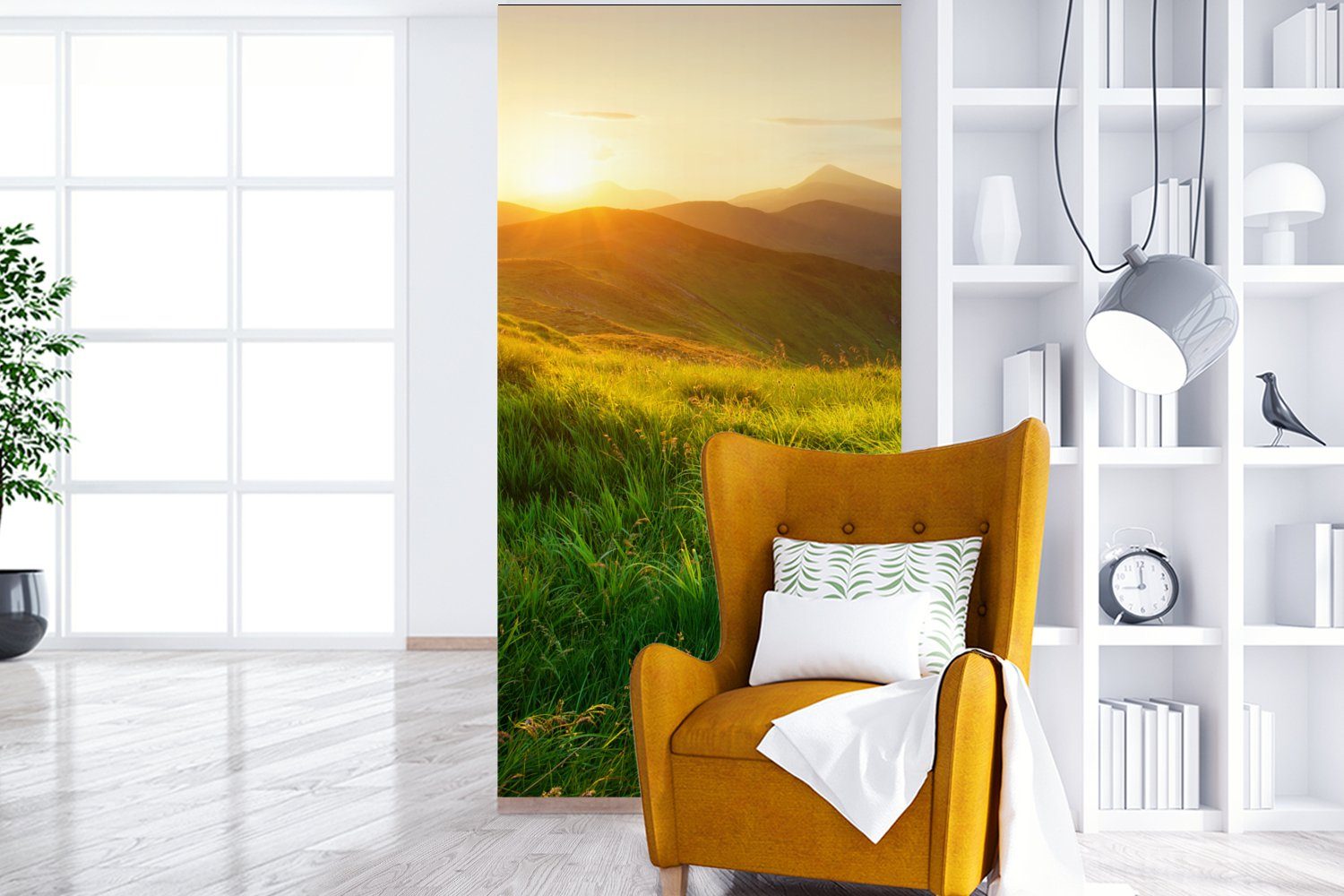 St), - Schlafzimmer Fototapete (2 Wohnzimmer - Sonne bedruckt, Landschaft, Fototapete für Vliestapete MuchoWow Hügel Gras - - Natur Matt, Küche,