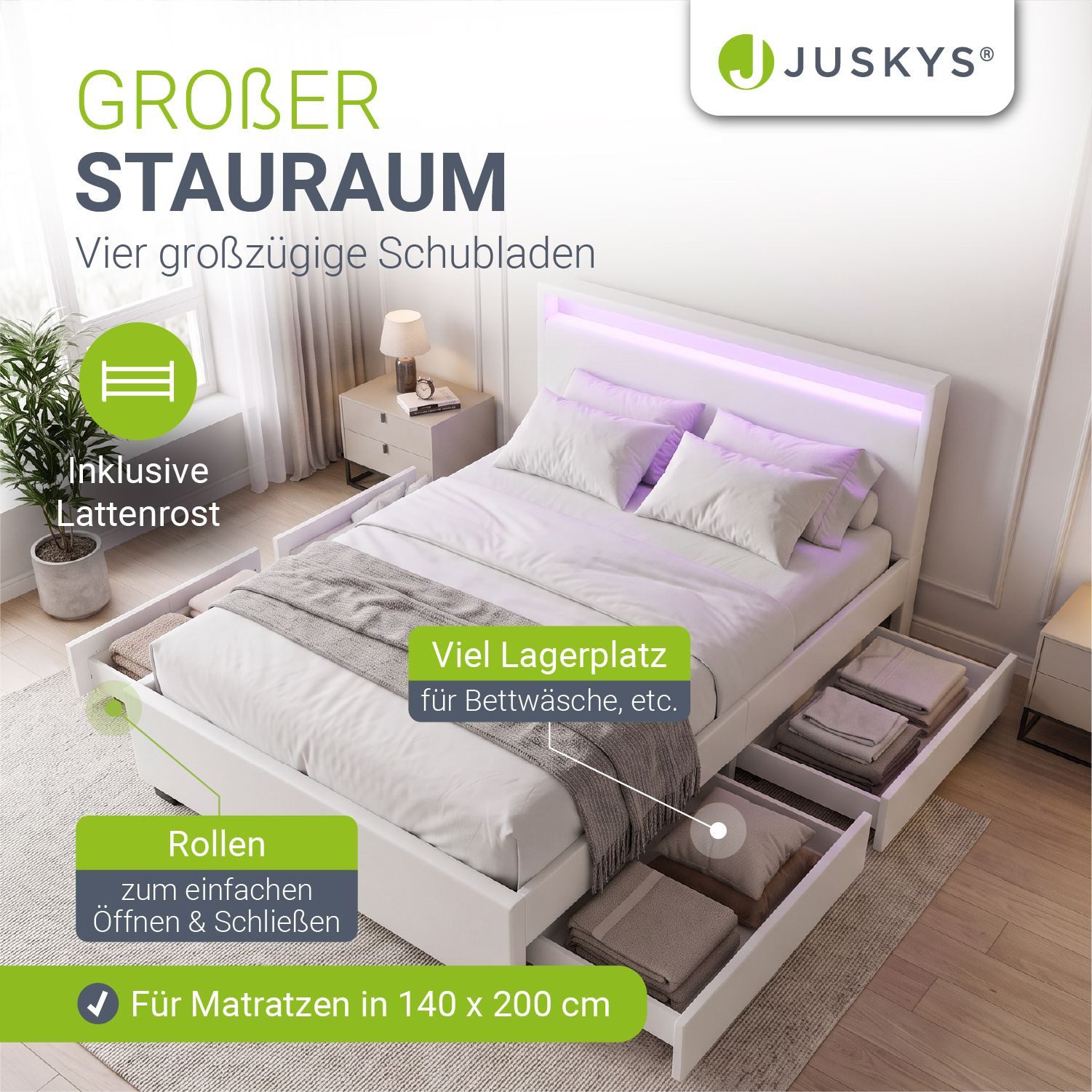 Juskys Polsterbett Lyon, 140x200 cm, ausziehbare Bettkästen, LED-Licht, gepolstertes Kopfteil