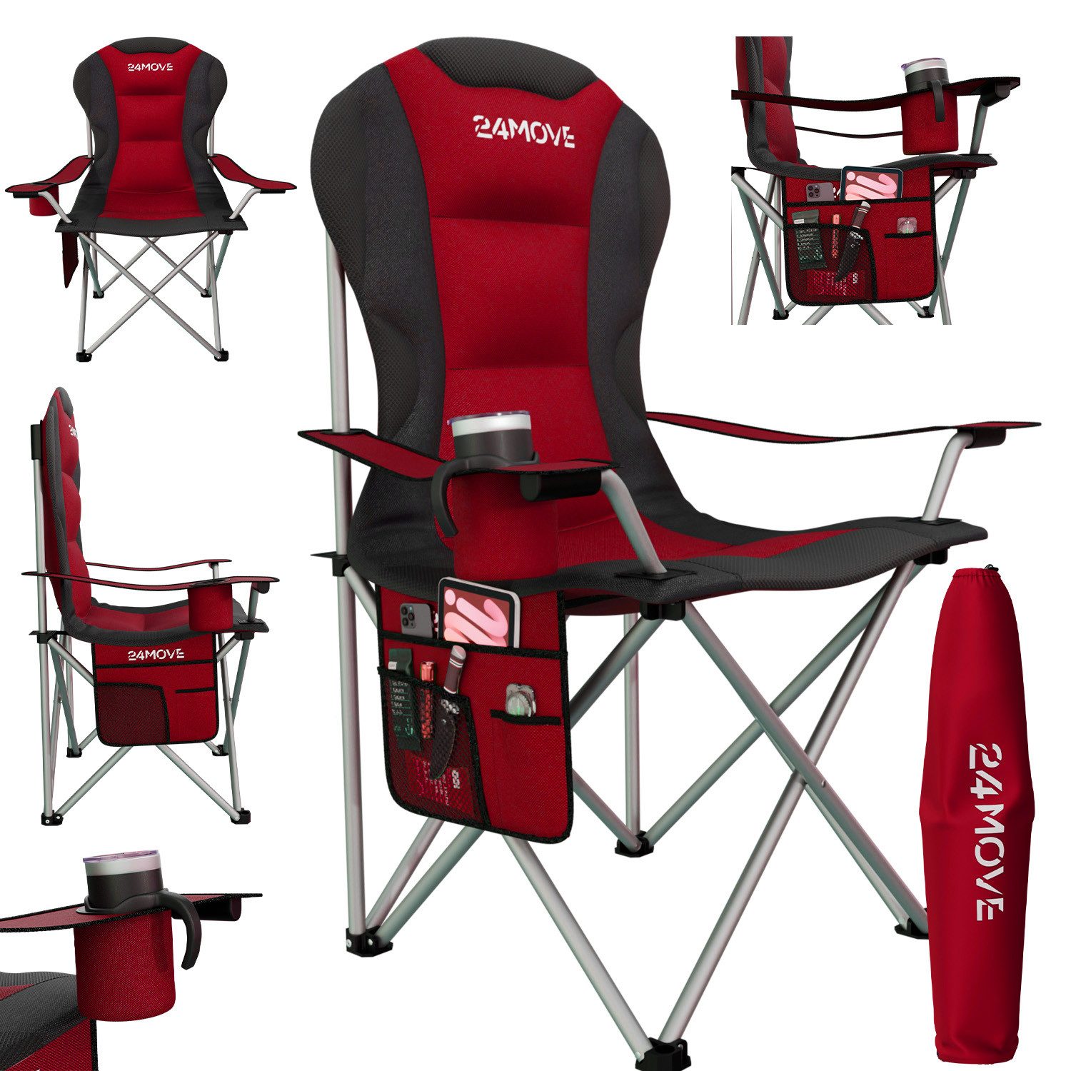 24Move Campingstuhl Campingstuhl faltbar inkl. Tragetasche, bis 150kg belastbar, rot (bequeme Arm- und Rückenlehne), Gartenstuhl, Klappstuhl gepolstert