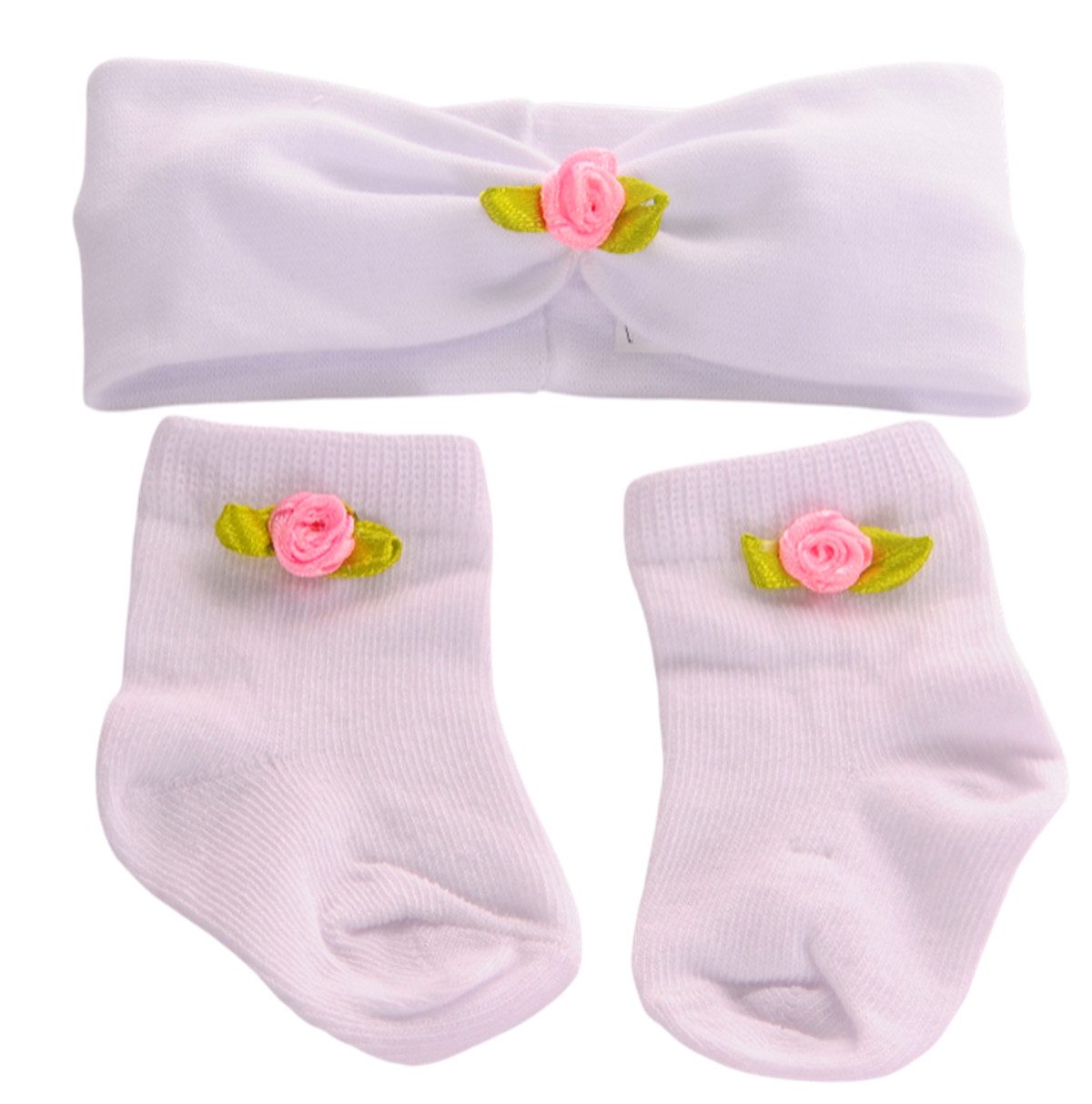 La Bortini Stirnband Socken und Kopfband Set in weiß oder rosa Strümpfe Haarband elastisch, weich, festlich, perfekt für Taufe, Neugeborene