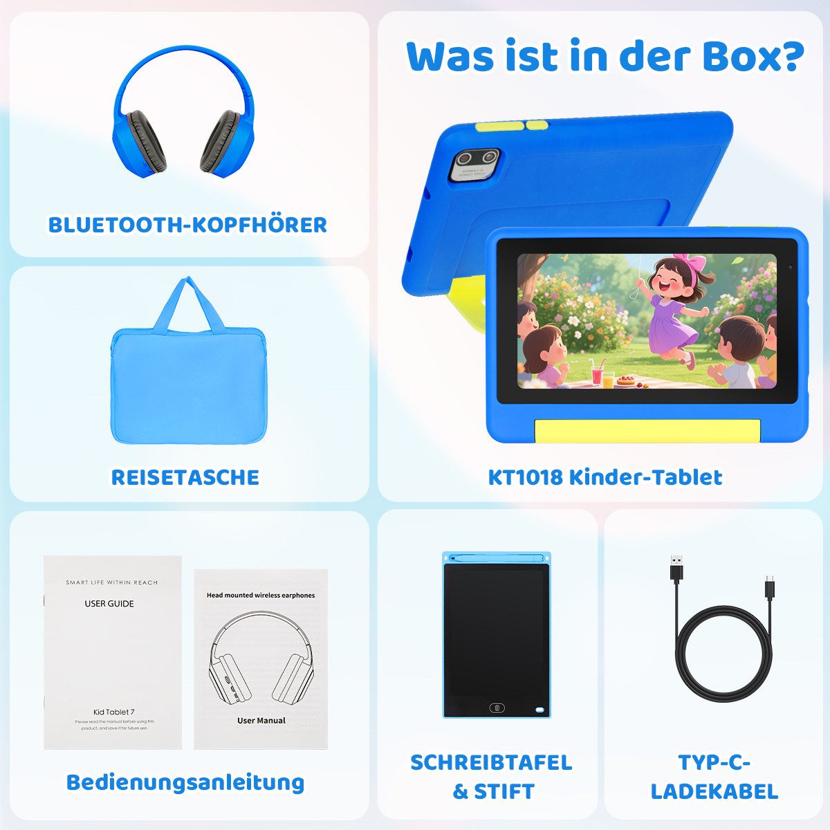 Happybe 7 Zoll 64GB HD-Display mit Schreibtafel, Kopfhörer & Tasche Kinder Tablet (7", 64 GB, Android, Android 15, Vorinstallierte Kindersoftware, Lernen durch Spielen)