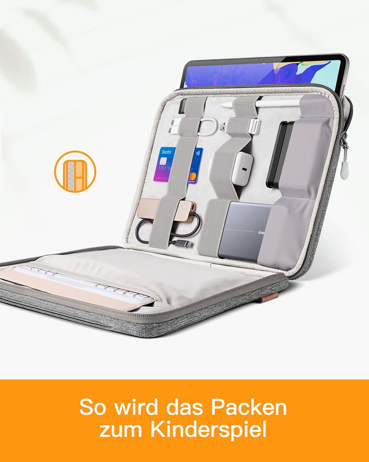 Inateck Laptop-Hülle Tablettasche für 12.9-13 Zoll iPad Pro/Air M4 M3, Versteckbarer Griff, Spritzwassergeschützt