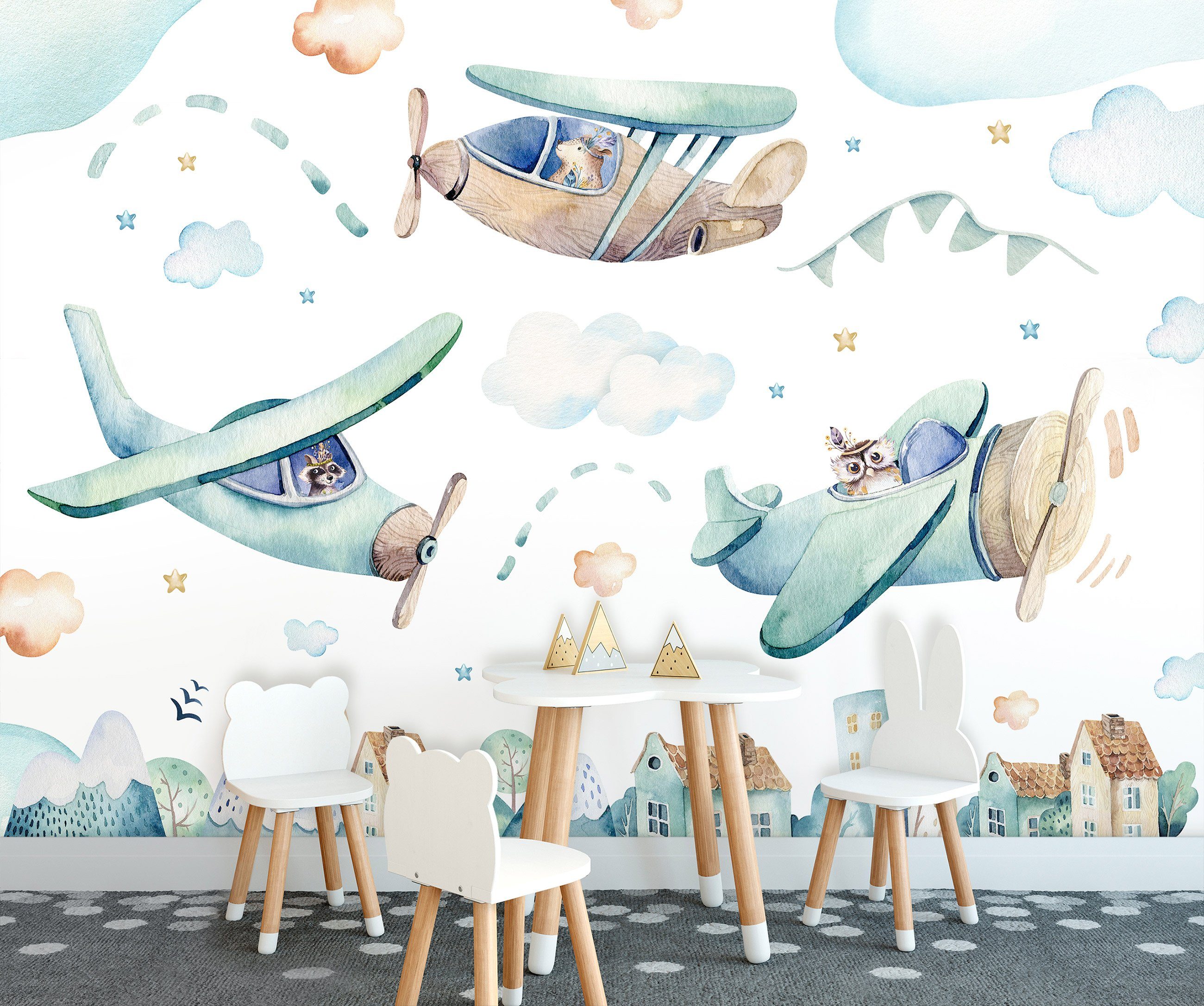 Wallarena Fototapete Kinderzimmer Jungen Flugzeuge Kinder Tiere Vlies Tapet günstig online kaufen