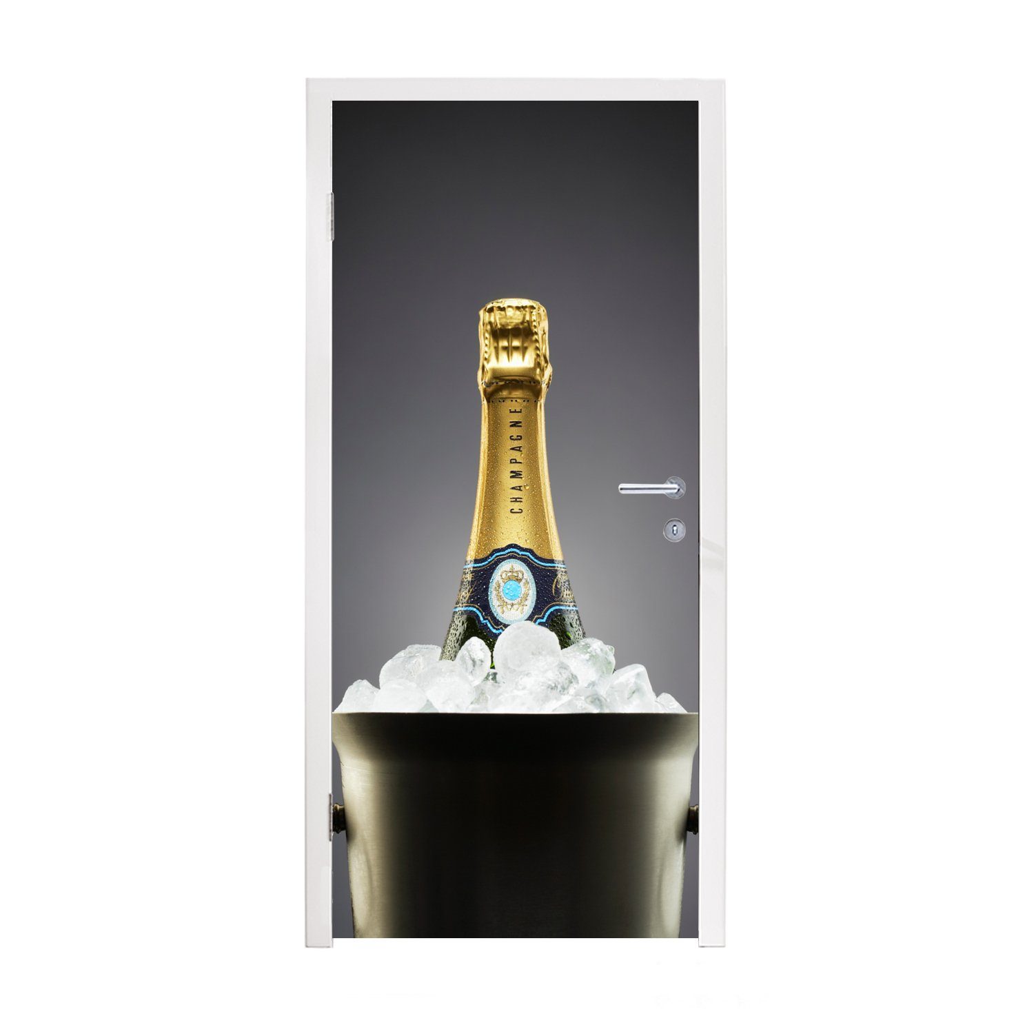 Eiskübel, St), 75x205 (1 Tür, cm Matt, MuchoWow Türtapete Türaufkleber, Champagnerflasche im für bedruckt, Fototapete