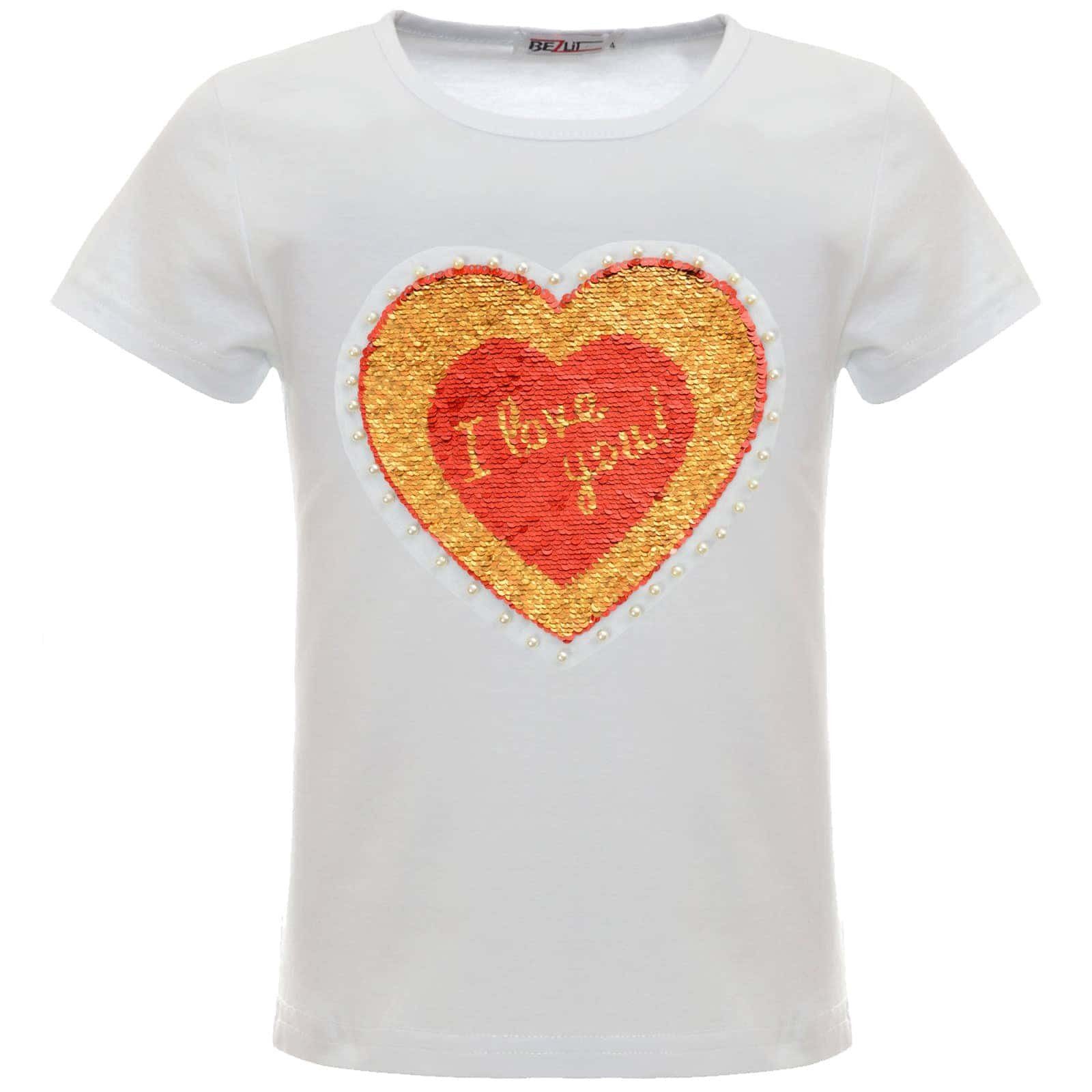 BEZLIT Paillettenshirt Mädchen T-Shirt Wende Pailletten Herz Motiv (1-tlg) mit Wendepailletten, mit Kunstperlen Weiß