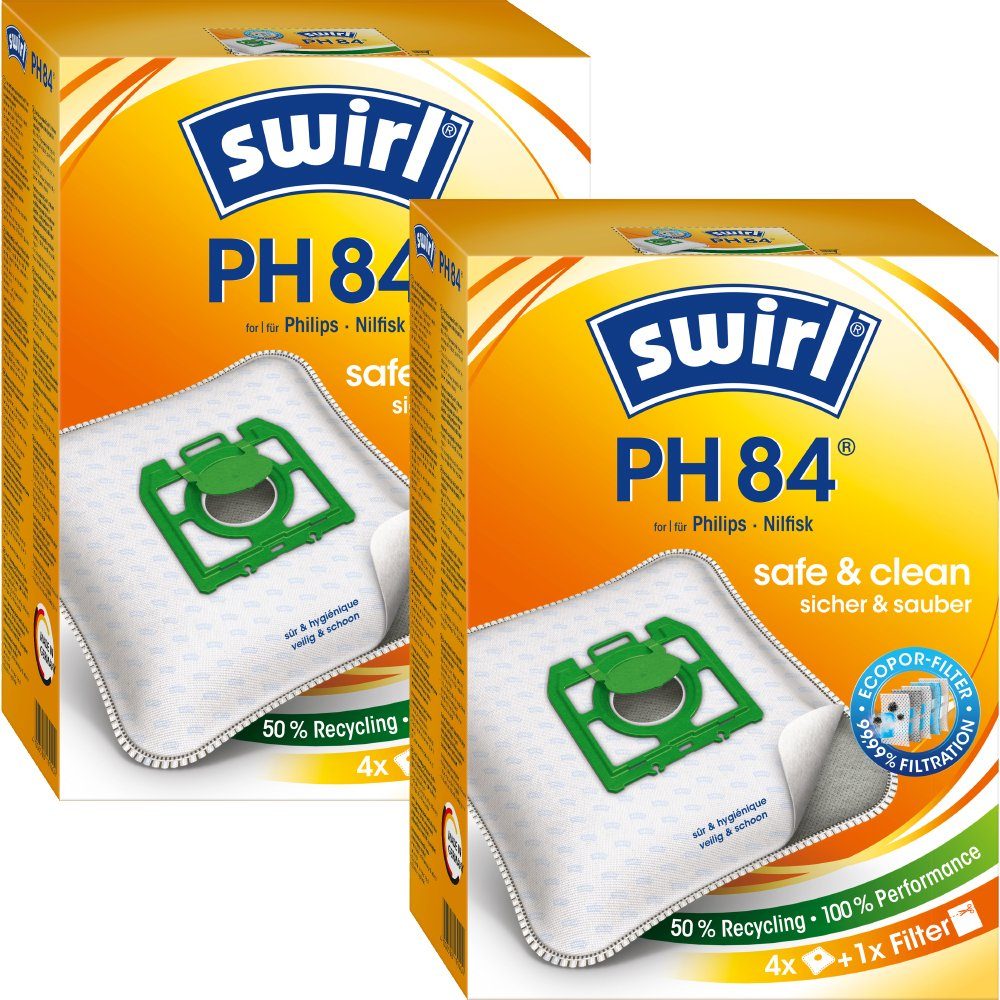 Swirl Staubsaugerbeutel Swirl PH84 PH 84, passend für Philips Karstadt Nilfisk Staubsauger, inkl. 2 Filter - zuschneidbar, 8 St., Optimale Passform, EcoPor Qualität für lange Nutzungsdauer