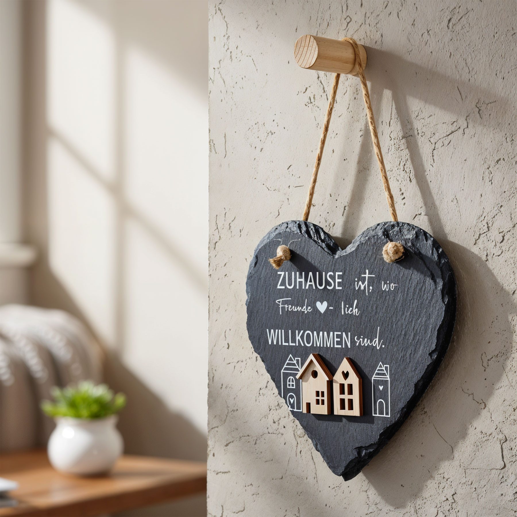 Levandeo® Wandbild, Wandbild Schieferherz 15x15cm Zuhause Willkommen Türschild Wanddeko