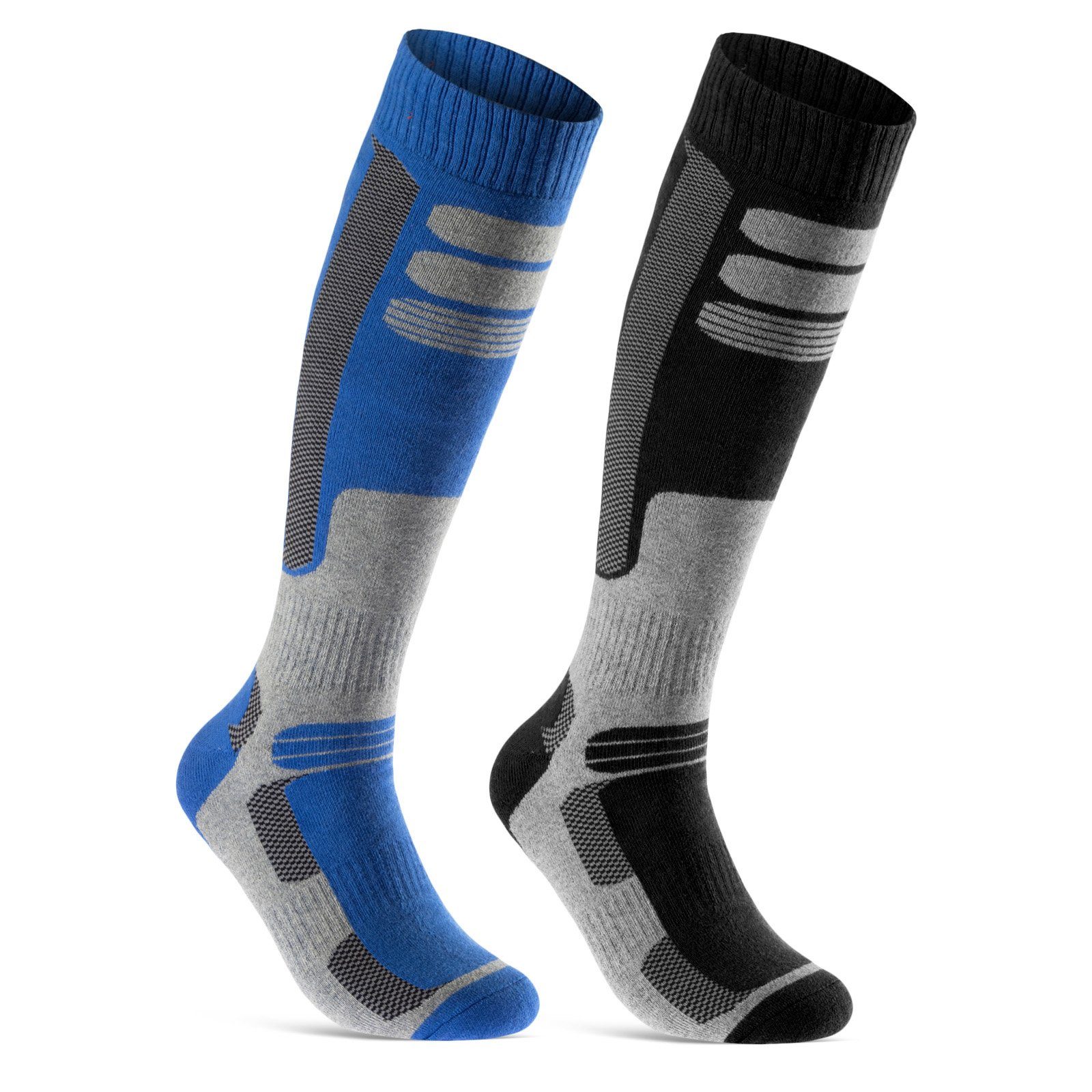 sockenkauf24 Skisocken 2 Paar Ski Strümpfe Herren & Damen Ski Socken lang (Schwarz/Blau, 43-46) Atmungsaktiv - 42816 WP