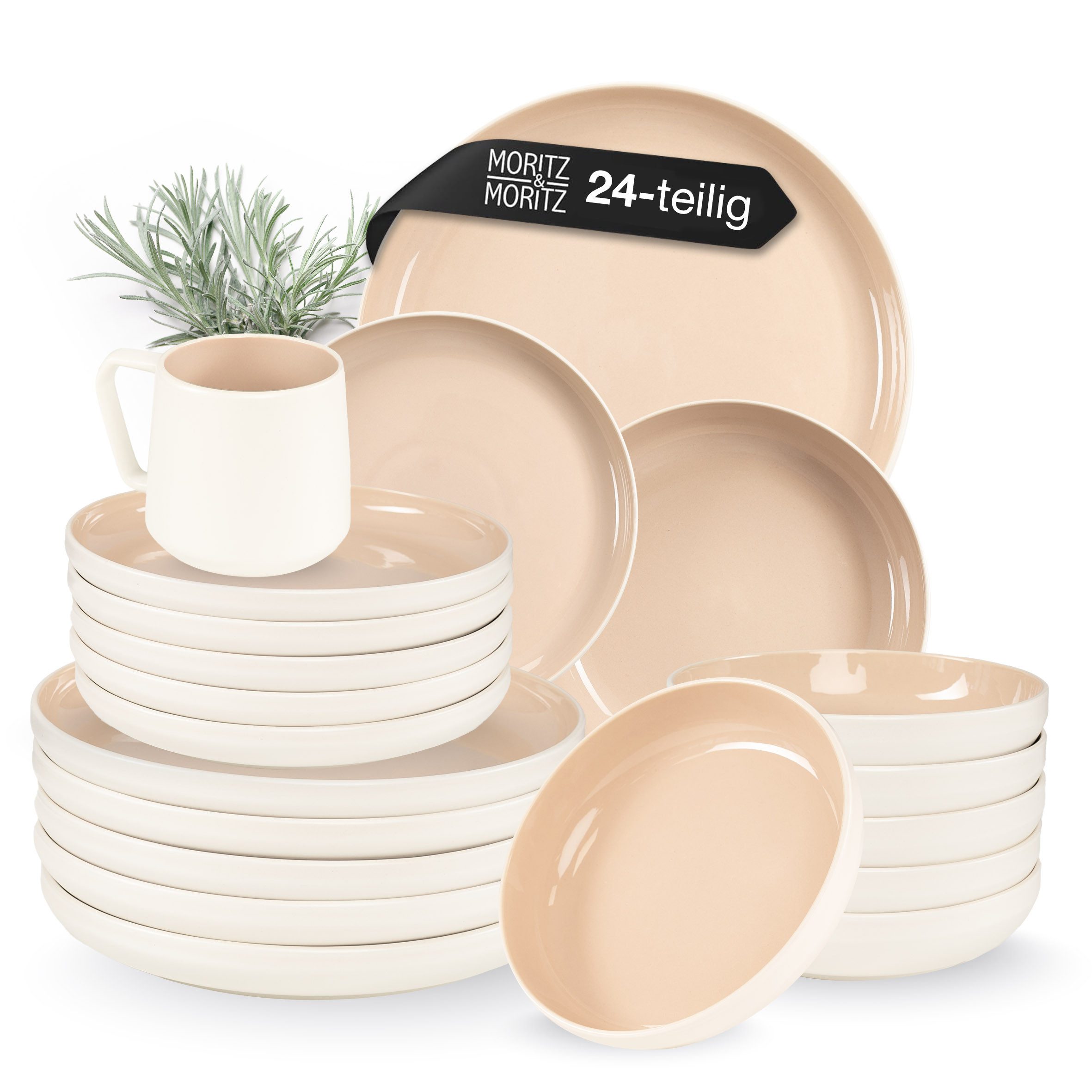 Moritz & Moritz Комбинированное обслуживание CAVO Geschirrset mit Tassen Almond (24-tlg), 6 Personen, Steinzeug, für 6 Personen aus Steinzeug