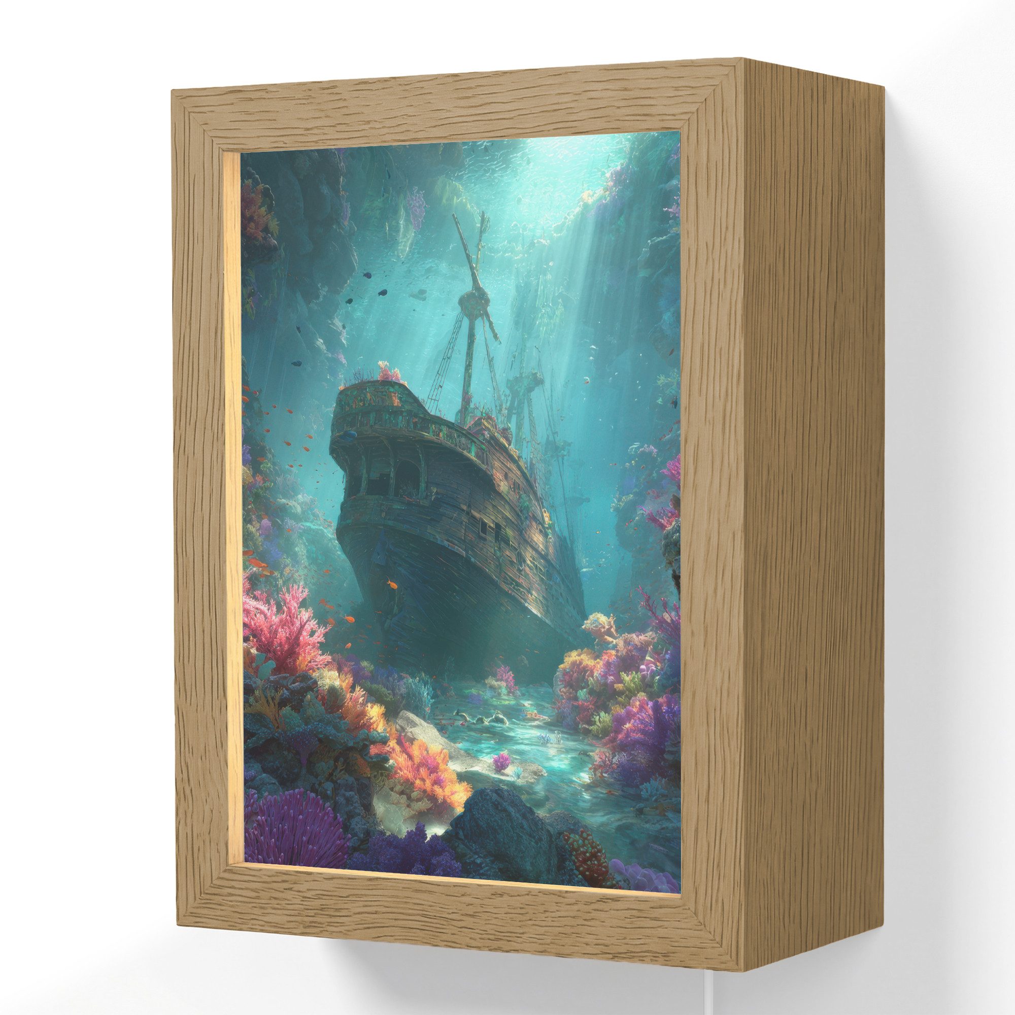 OnlyWow Wandleuchte Lightbox Schiff - Holz - Korallenriffe - Sonnenlicht, Dimmbar, Farbwechsel, LED, Warmweiß, Kaltweiß, Neutralweiß Einstellbar, Wandlampe Innen, Dimmbar, mit Kabel, LED, Beleuchtung, Wohnzimmer
