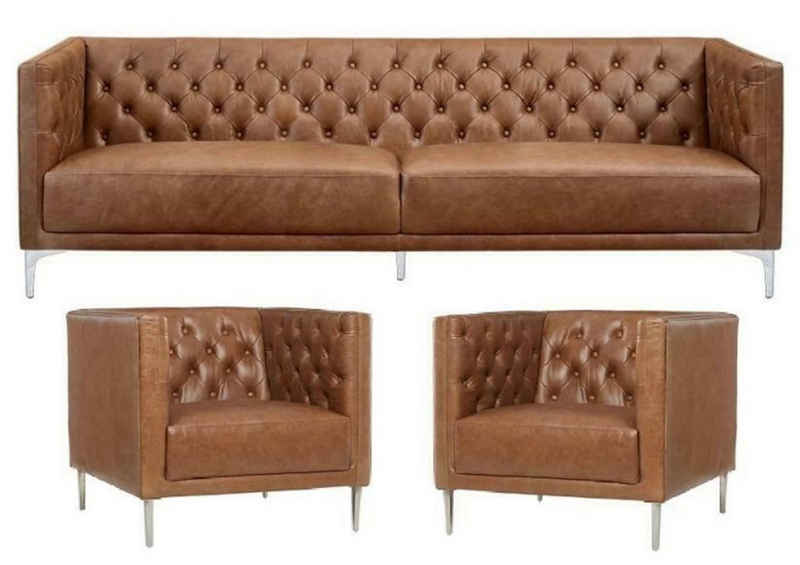 JVmoebel Chesterfield-Sofa Braun Chesterfield 2 Sessel Leder Modern Design Sofa Neu, Made in Europe