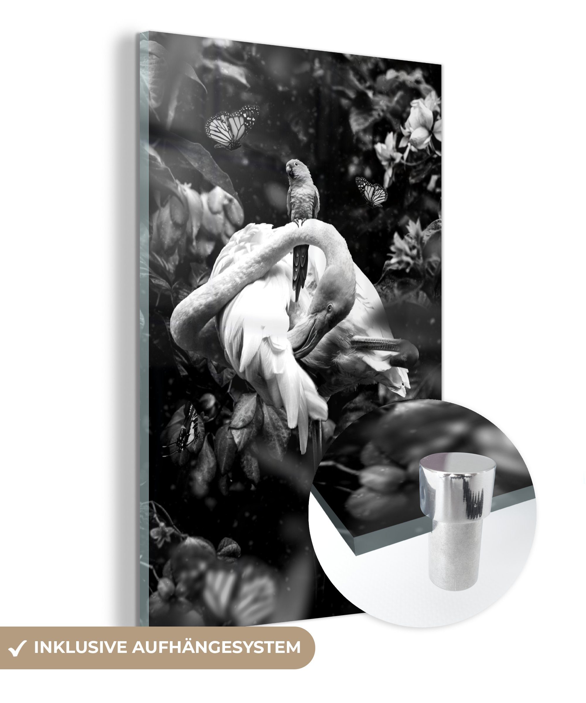 MuchoWow Acrylglasbild Flamingo und Schmetterlinge im Dschungel - schwarz und weiß, (1 St), Glasbilder - Bilder auf Glas Wandbild - Foto auf Glas - Wanddekoration bunt