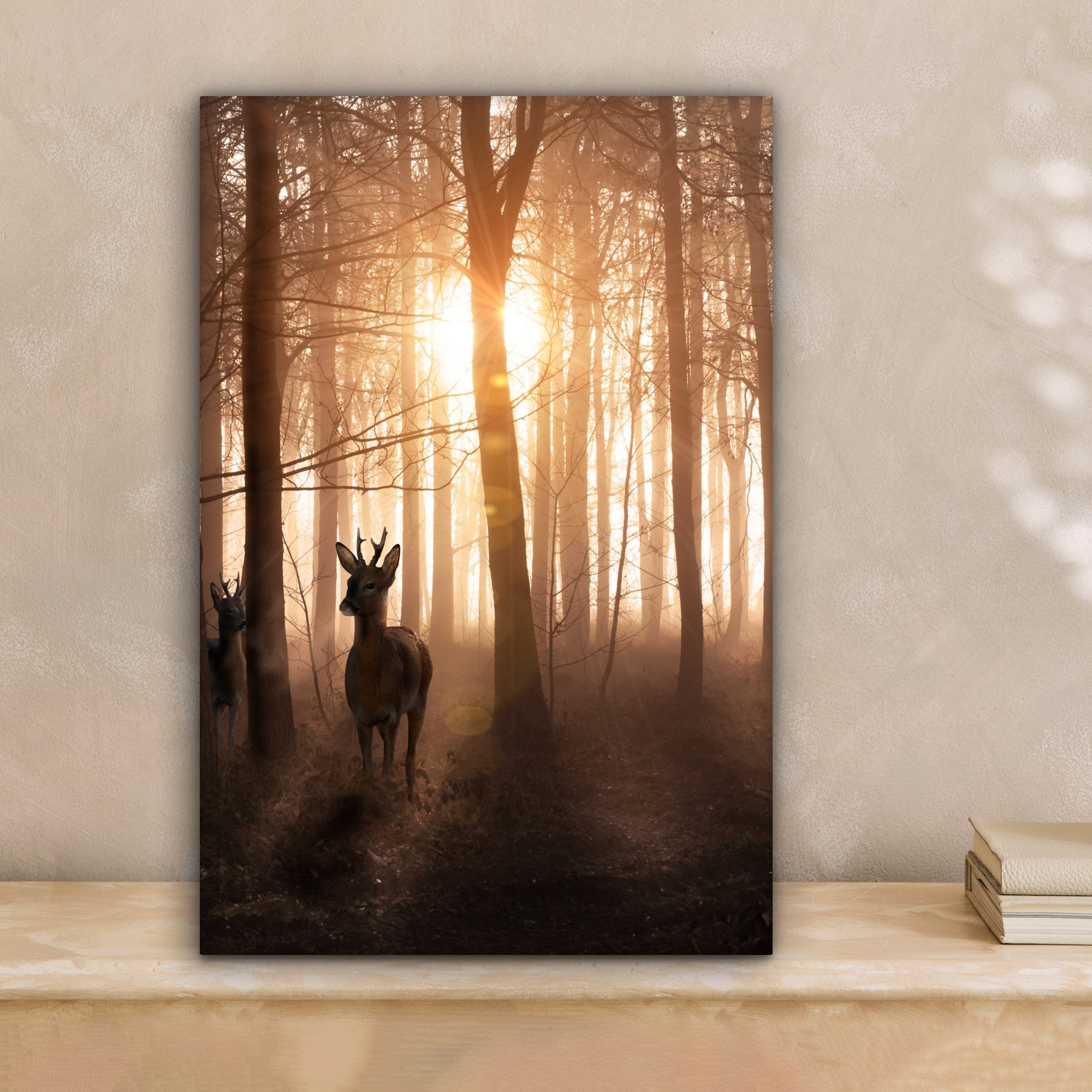 OneMillionCanvasses® Leinwandbild Wald - Hirsche - Sonne - Bäume - Winter - günstig online kaufen