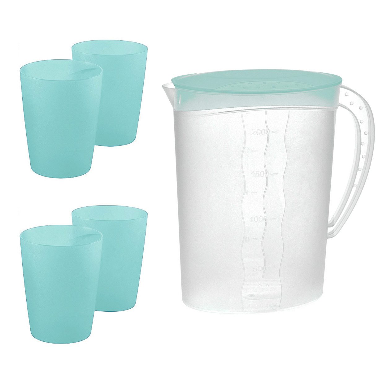 homesti Wickelauflage 4 Trinkbecher mit Saftkanne Set, 4 x 250 ml Trinkbecher, 1 x Saftkanne