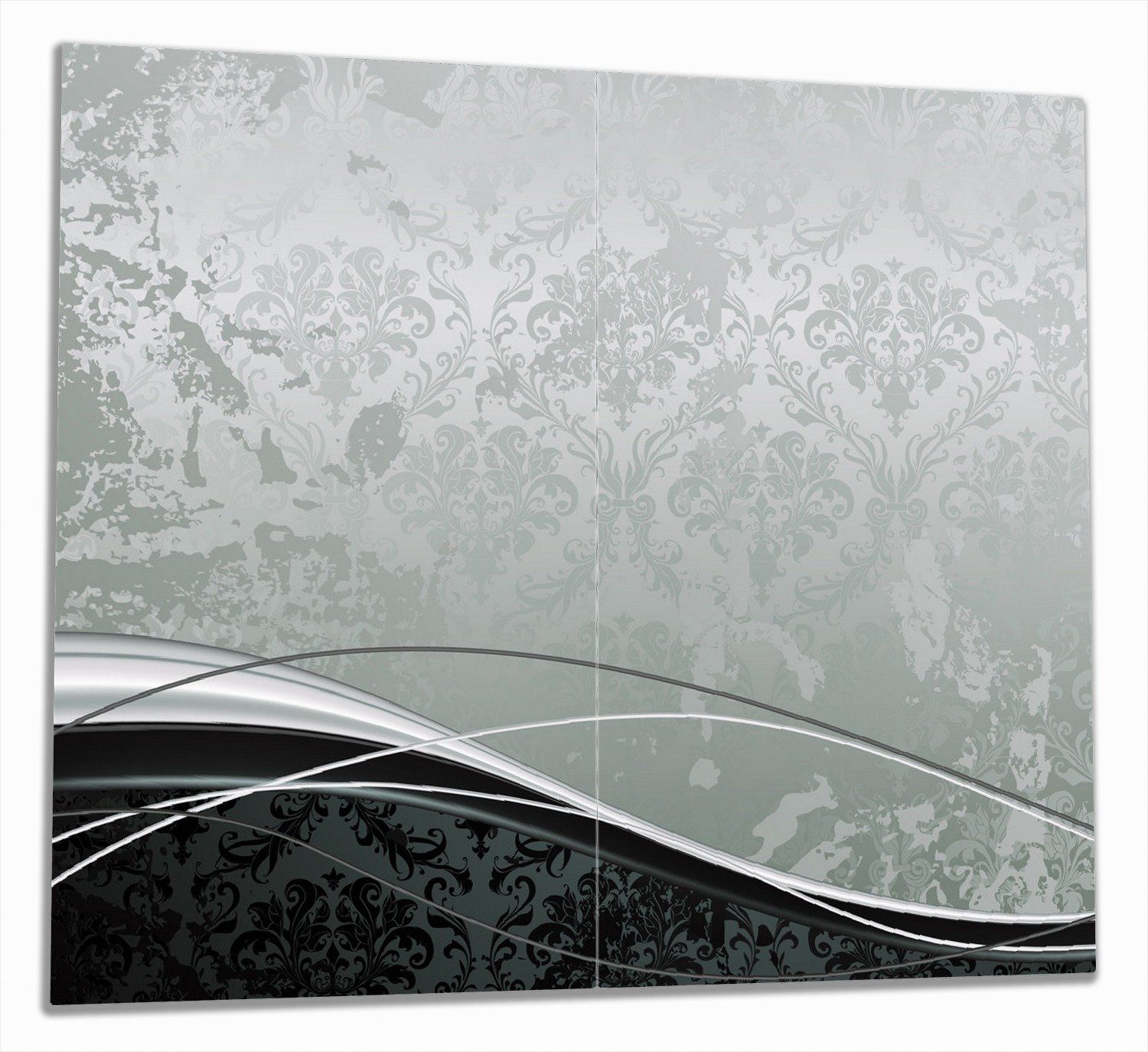 Wallario Herd-Abdeckplatte Grau-schwarze Schnörkelei mit Wellen, ESG-Sicherheitsglas, (Glasplatte, 2 tlg., inkl. 5mm Noppen), verschiedene Größen