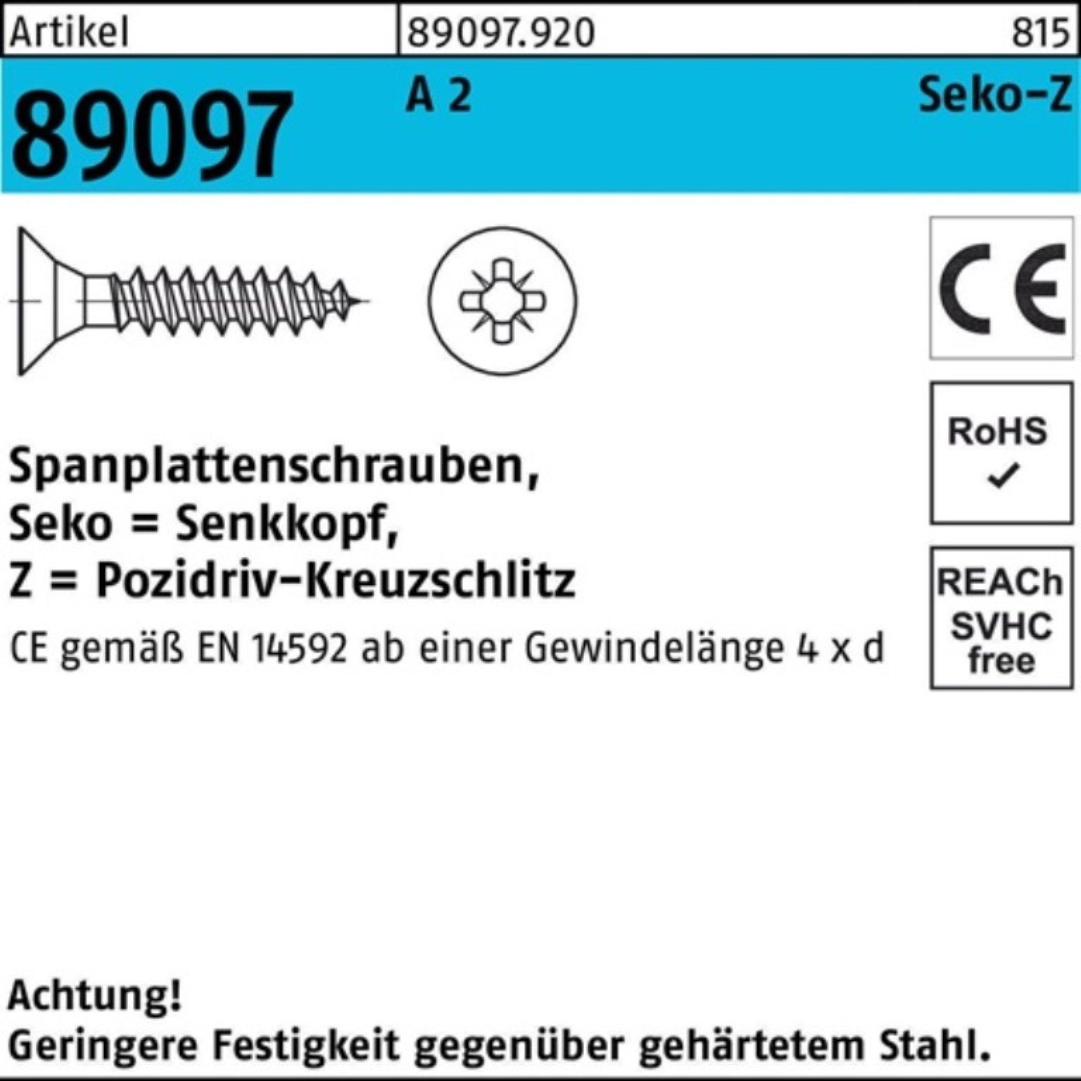 Reyher Spanplattenschraube 200er Pack Spanplattenschraube R 89097 SEKO PZ VG 4,5x 30-Z A 2 200 St