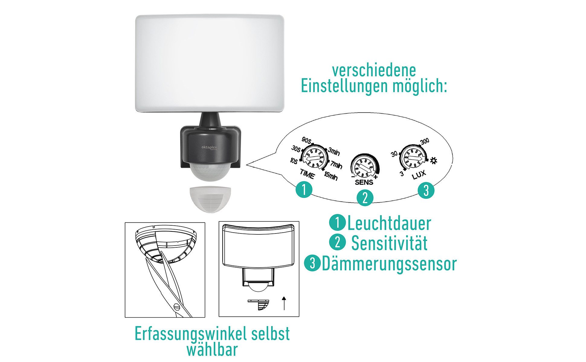Oktaplex lighting LED Außen-Wandleuchte Cali Außenstrahler mit Bewegungsmelder IP65 10m / 240 Grad, PIR-Sensor, dreh- und schwenkbar, inklusive Leuchtmittel, wa – Bild 4 von 5