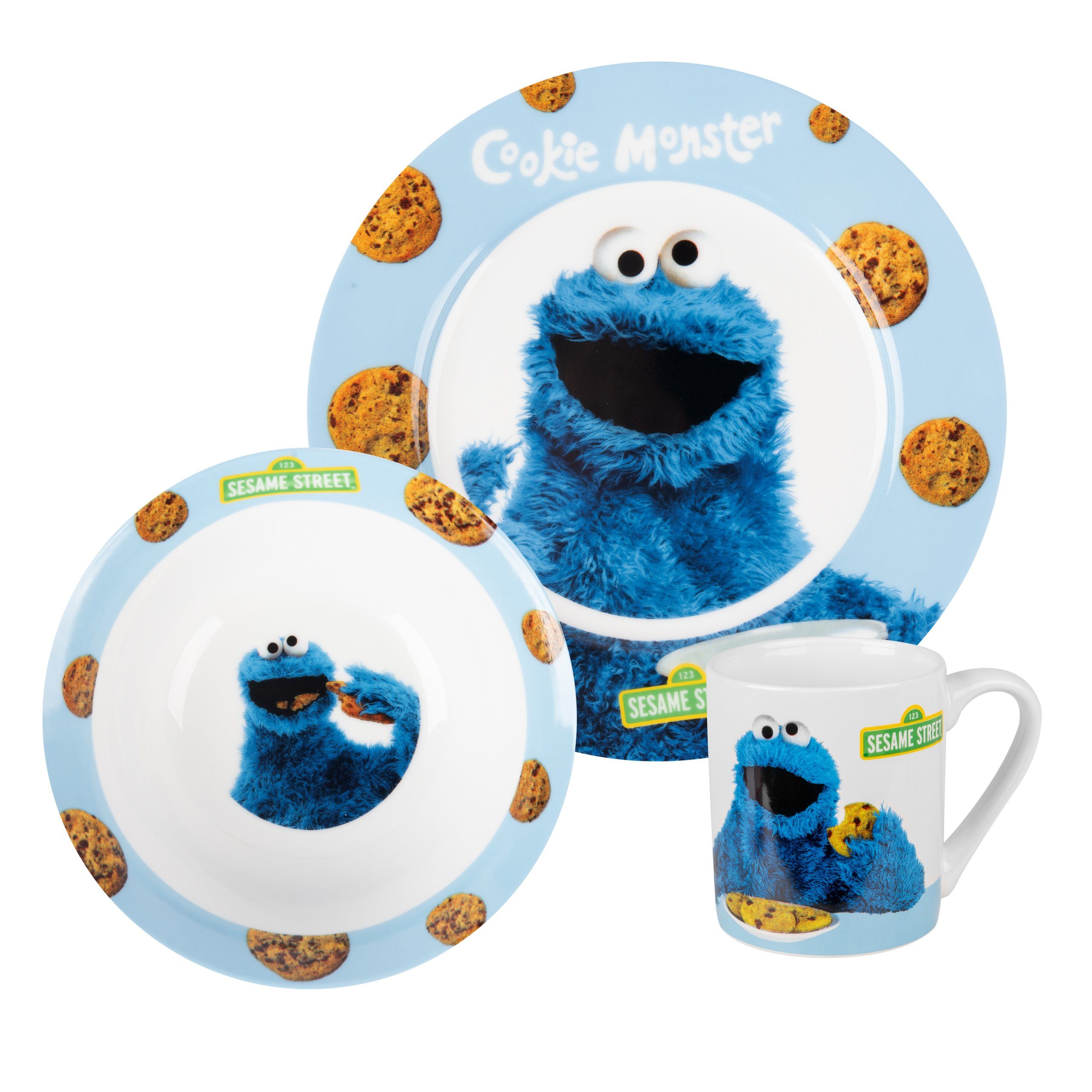 United Labels® Frühstücks-Geschirrset Sesamstraße Frühstücksset - Krümelmonster Geschirr Set 3-tlg., Porzellan