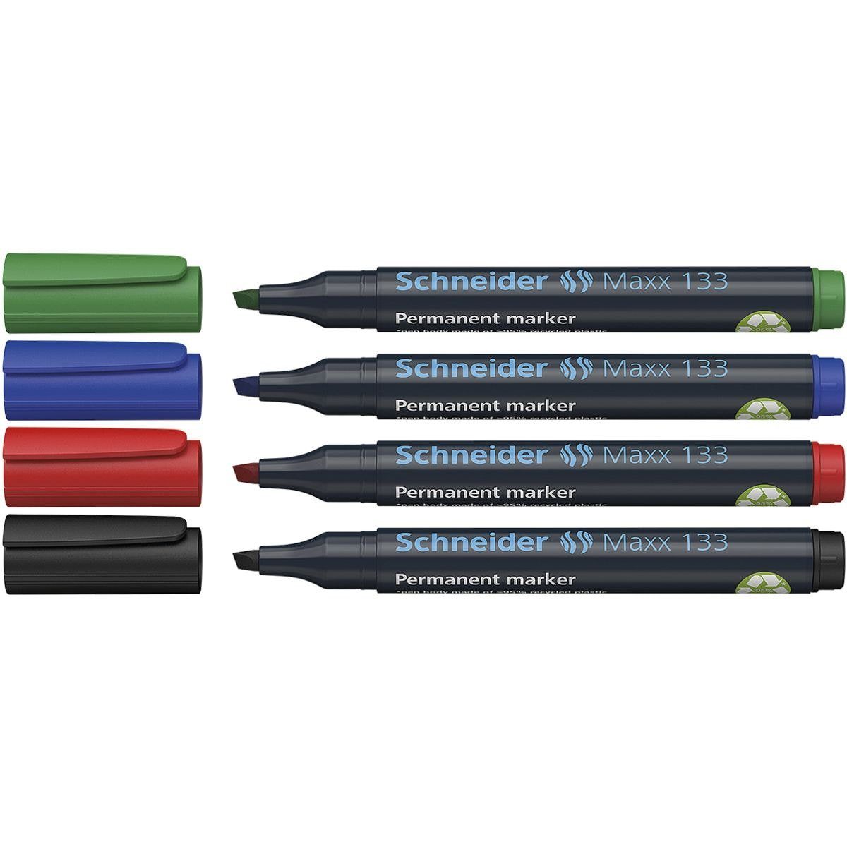 Schneider Permanentmarker Maxx 133, (4-tlg), toluolfrei, Strichstärke: 1,0 - 4,0 mm grün, blau, rot, schwarz
