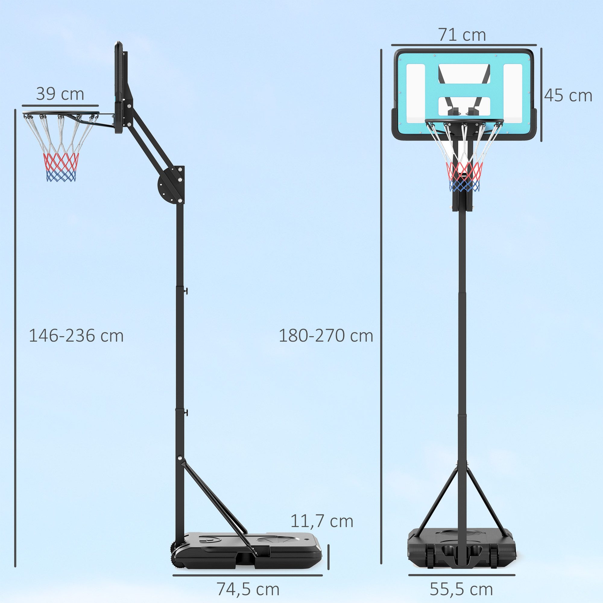 SPORTNOW Basketballkorb mit Ständer, Rolle, 146–236 cm höhenverstellbar (Korbanlage mit 71x45cm Rückwand, 1-St., tragbar Basketballständer), für Jugendliche, Erwachsene, für Indoor, Outdoor