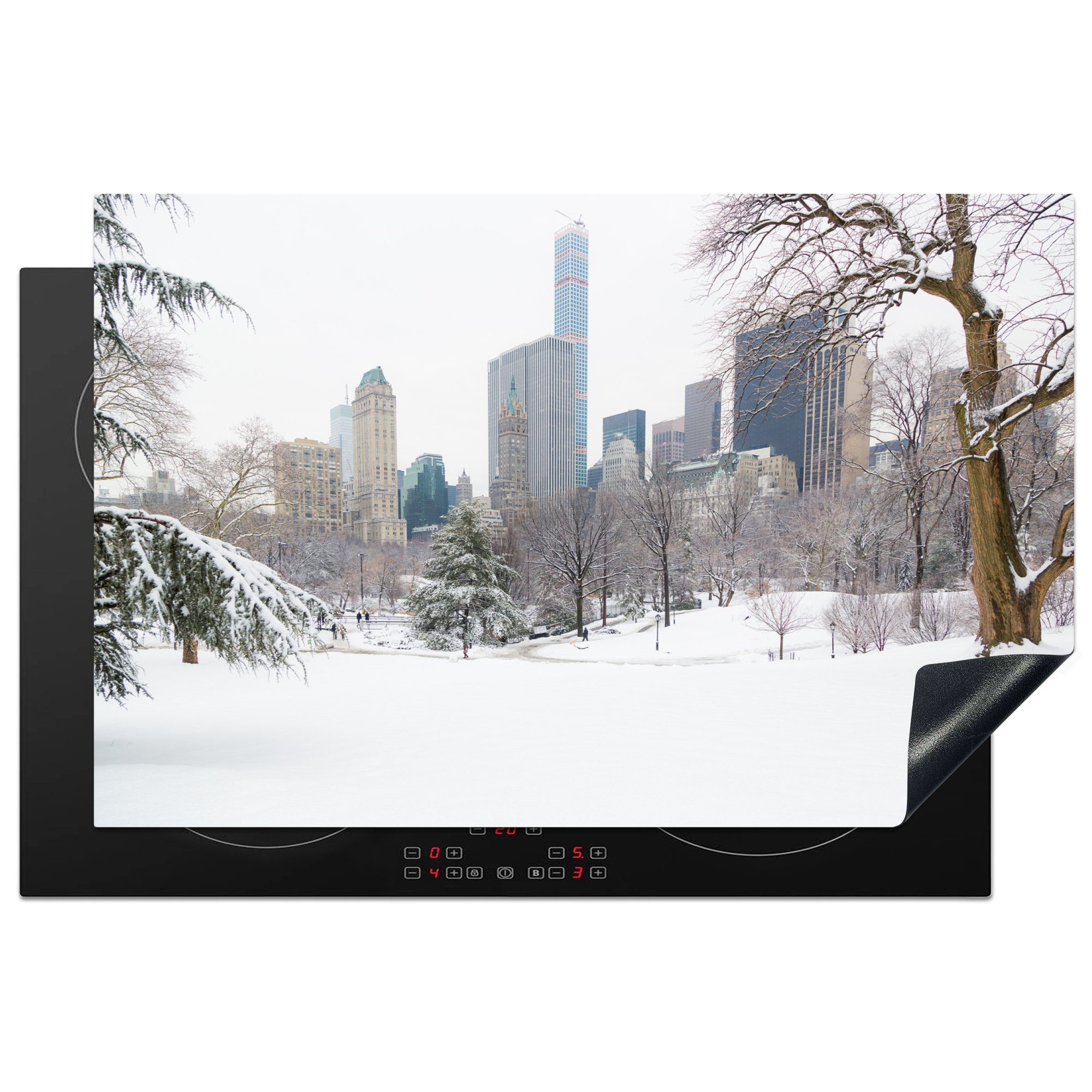 MuchoWow Herdblende-/Abdeckplatte Schnee im Central Park mit Blick über New York, Vinyl, (1 tlg), 81x52 cm, Induktionskochfeld Schutz für die küche, Ceranfeldabdeckung