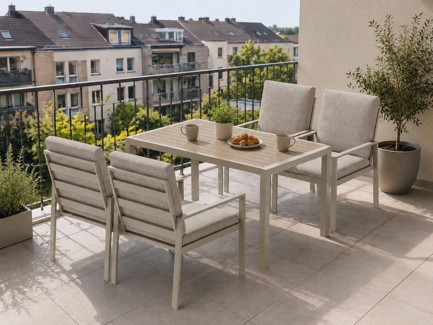 MeXo Gartenlounge-Set Gartenmöbel Set Aluminium Outdoor, (Garten-Essgruppe für 4 Personen, 5-tlg., mit Polywood Tisch & Auflagen), wetterfest für Terrasse & Gar – Bild 3 von 5