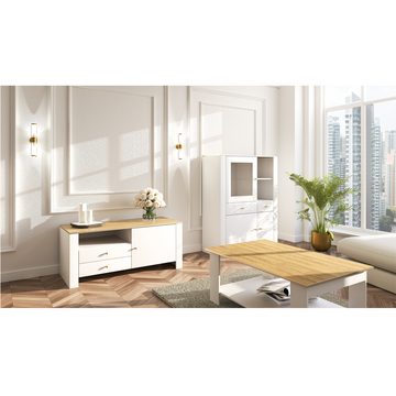 MOEBLO Highboard Regal GAWIN 02 (goldenen Griffe, Weiß matt + Eiche Hickory, Sideboard Wohnzimmer Kommode Schlafzimmer Komodenschrank Highboard), (WxHxD):100x130x40,50cm