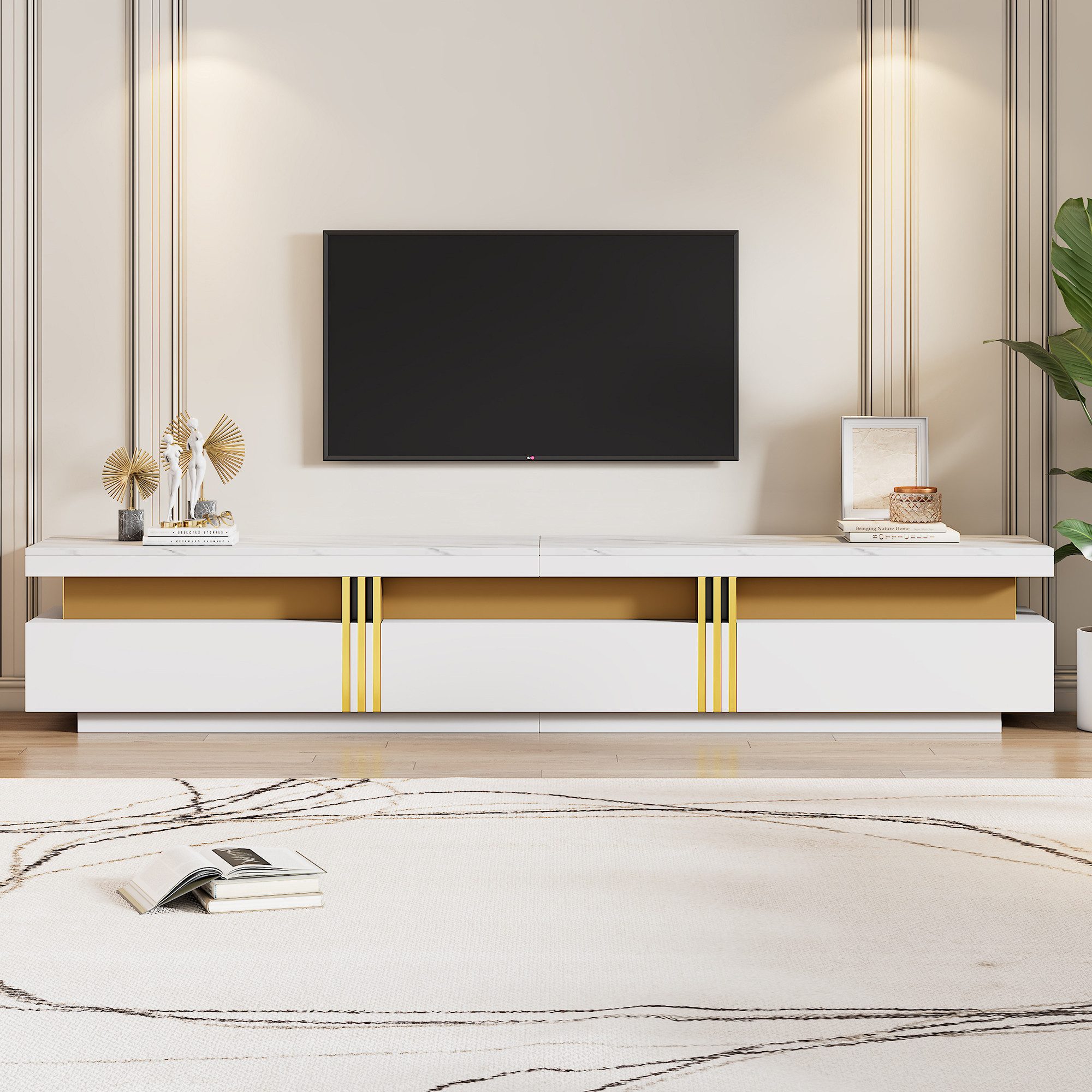 REDOM Wohnzimmer-Set Luxus Wohnzimmermöbel Set in Marmor-Optik, (Wohnwand, TV-Wandkombination, Wohnzimmer-Wandkombination, 2-St., 100*50*40 cm+200*40*42 cm), mit Marmormuster und goldene Dekoration