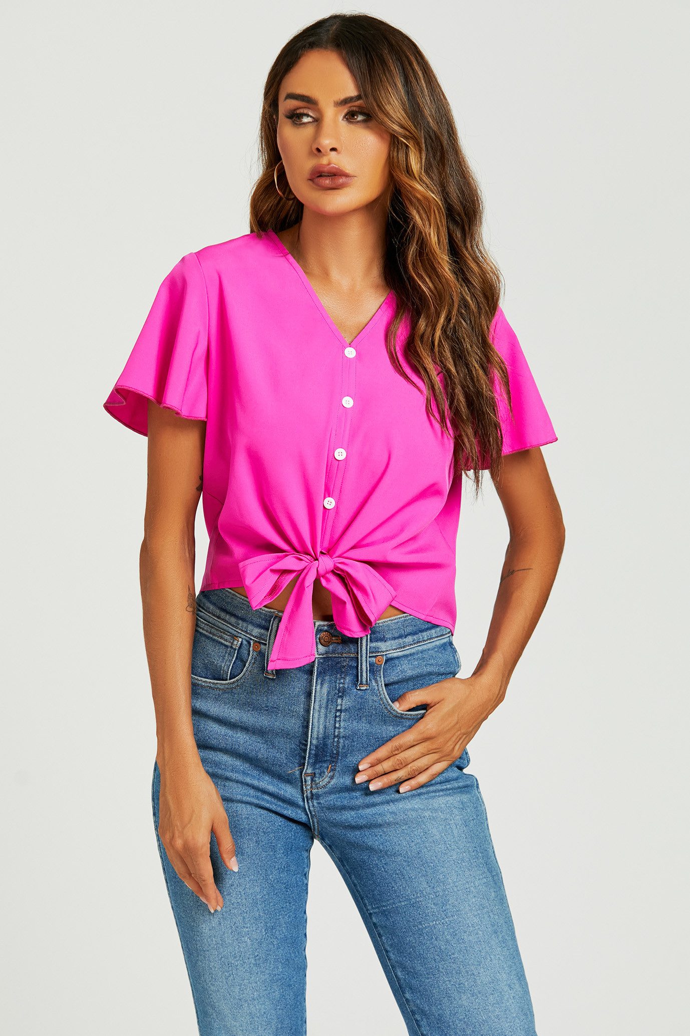 Kurzarmbluse Damen Kurzarmbluse Crop Top Knotenbluse Knopfleiste Elegant