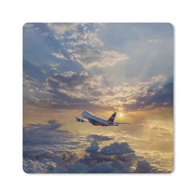 MuchoWow Gaming Mauspad Ein Flugzeug fliegt durch den Himmel mit Sonnenstrahlen (1-St), Gaming, Rutschfester Unterseite, Mausunterlage, 80x80 cm, XXL, Großes