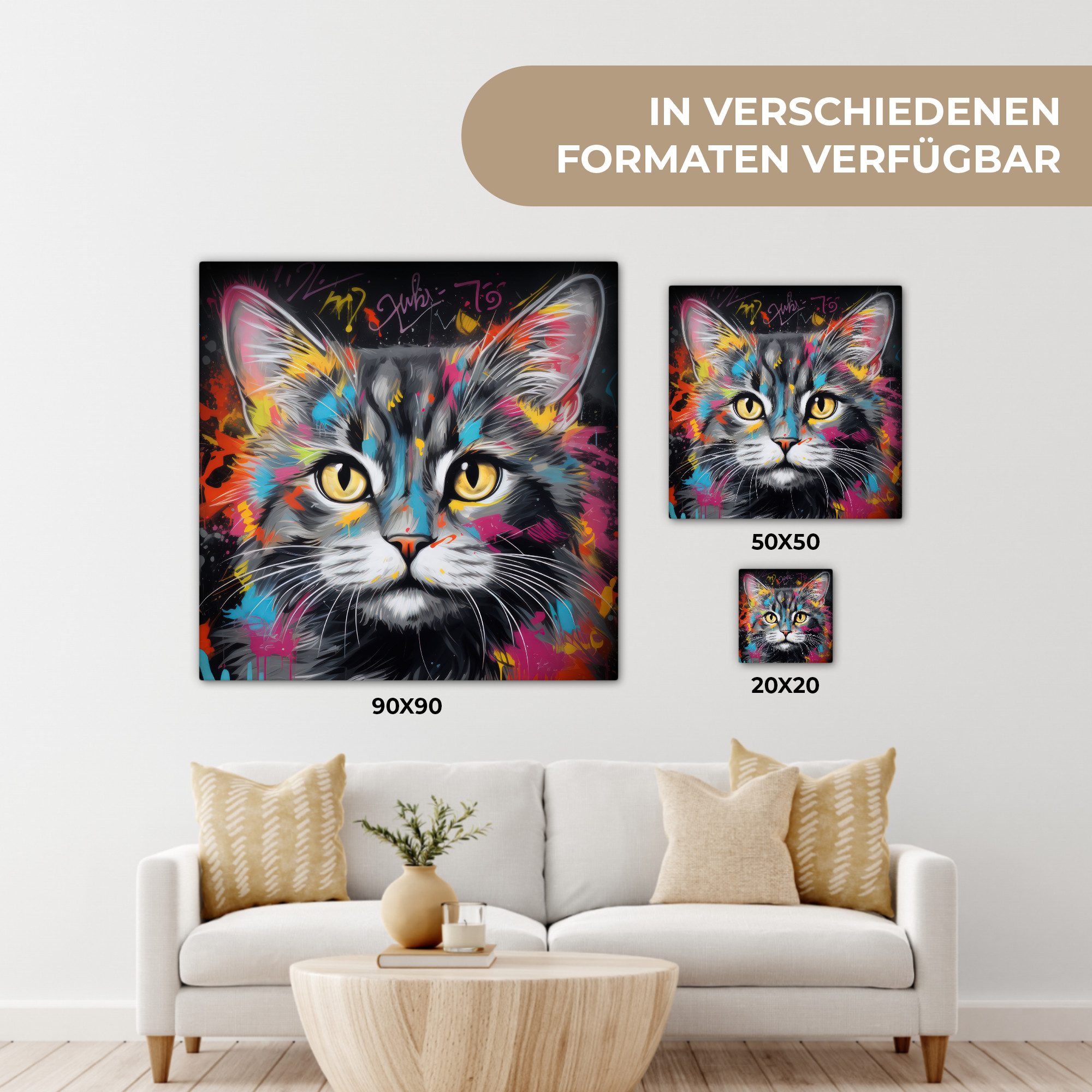 OneMillionCanvasses® Leinwandbild Katze - Graffiti - Tiere - Farben - Grau, Fotodruck (1 St), Wandbild, Deko Schlafzimmer Wohnzimmer Flur 20x20 cm – Bild 5 von 5