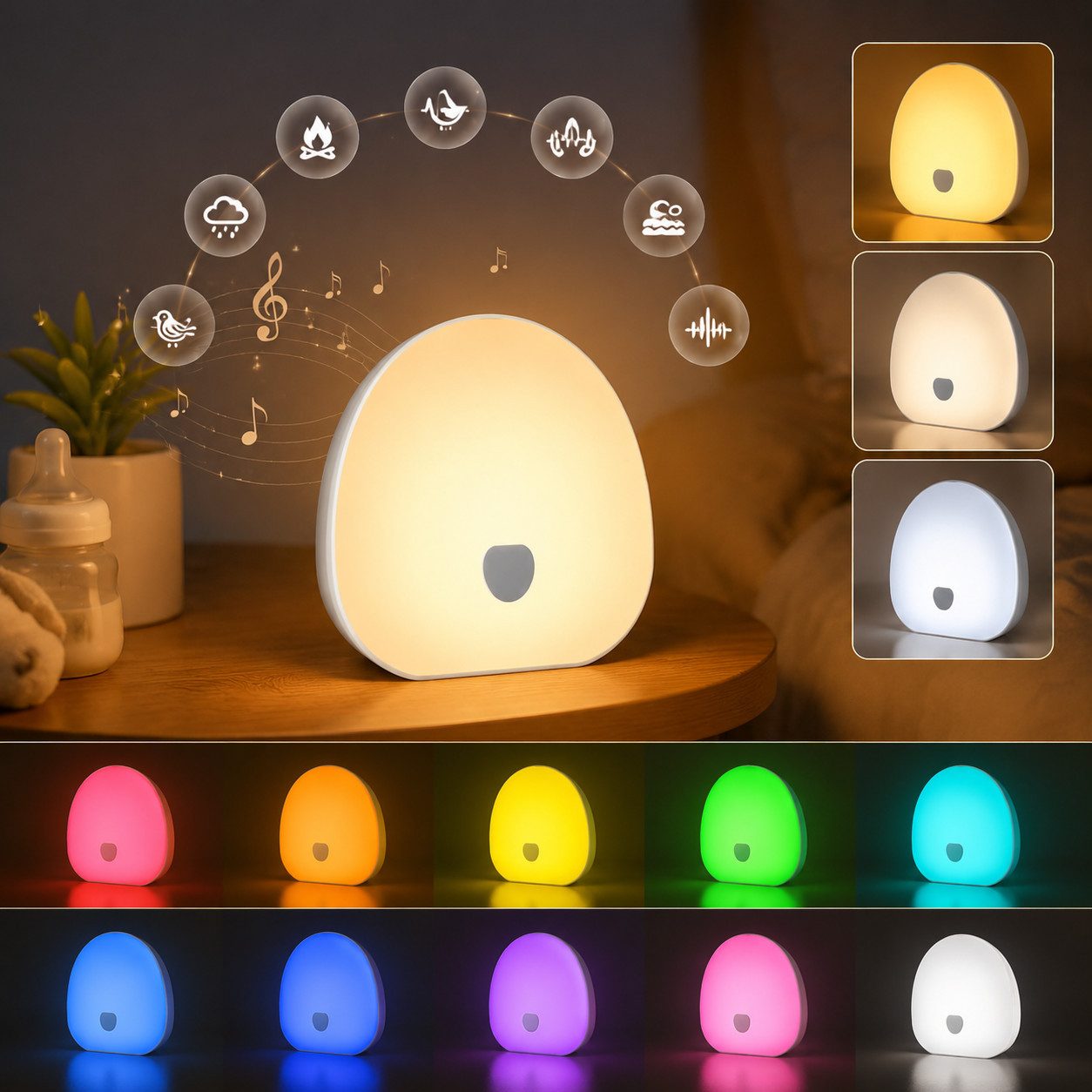 OYLCDI Nachttischlampe LED Nachttischlampe LED Nachtlicht, Dimmbar Atmosphäre Tischlampe, LED fest integriert, mit RGB Farben, Touch Lampe mit Weißem Rauschen, dimmbar, Timer und USB-C Akku für Baby, Erwachsene