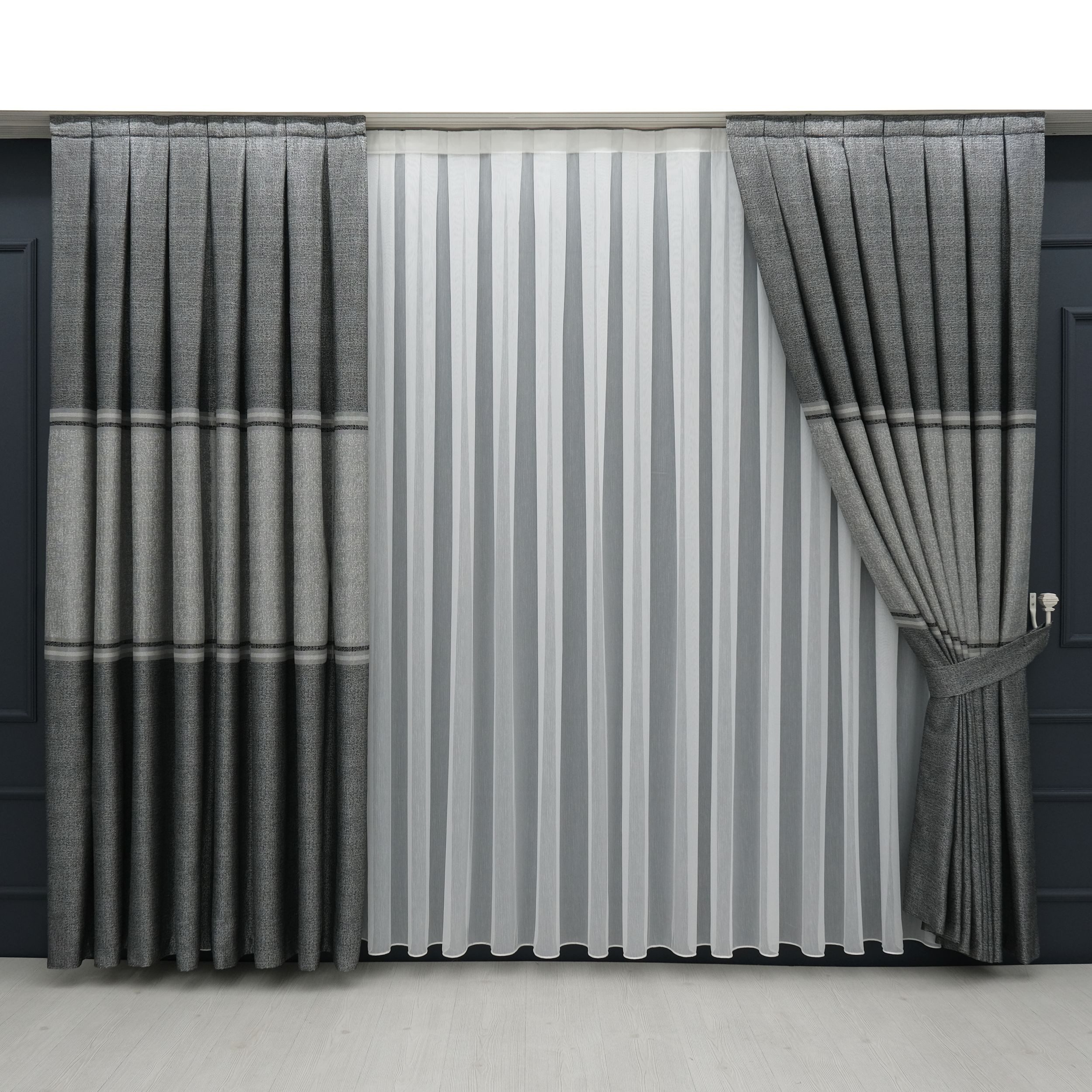 Gardinen by Justyna Vorhang Komplett-Set Vorhang Grau – Falten mit Store (5 St), Kräuselband, Fertiggardine, Halbtransparent, Faltenband, Komplett-Set, Pflegeleicht