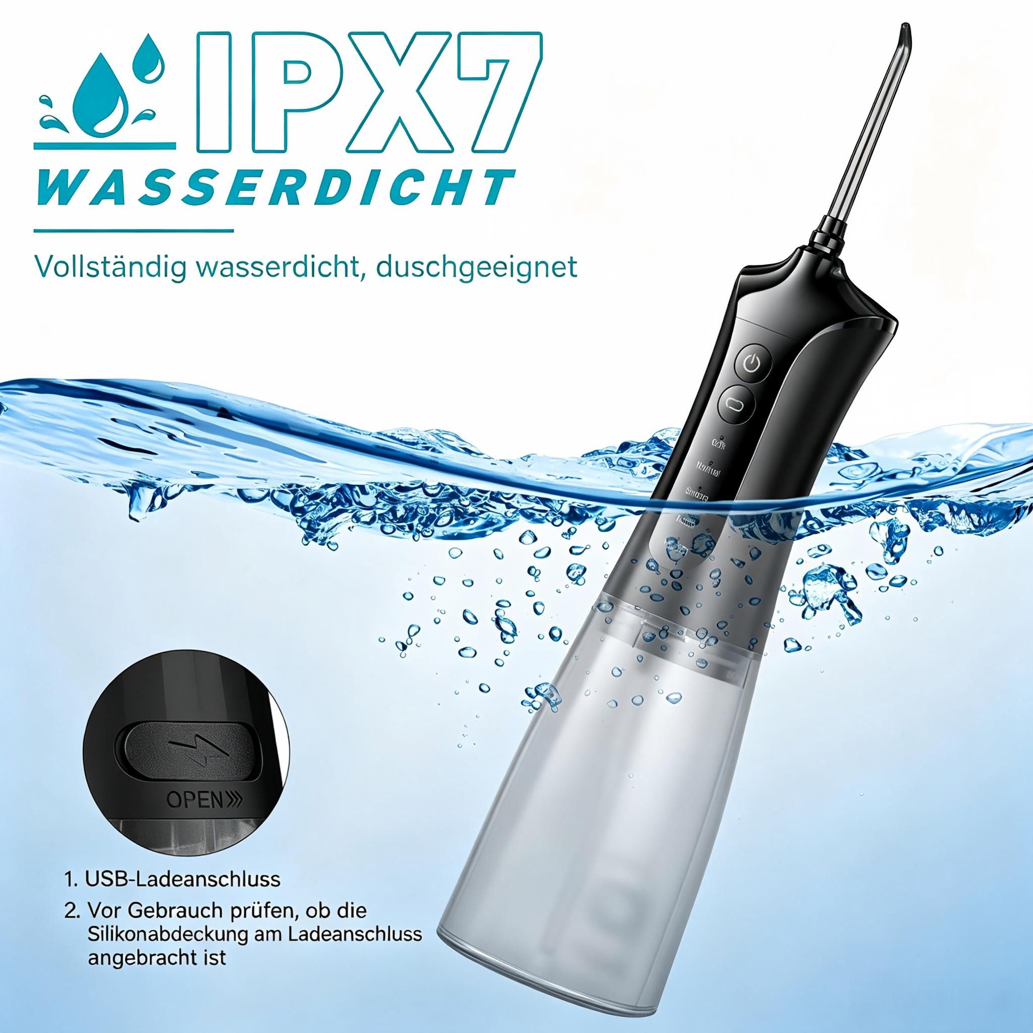 Kityhome Munddusche Munddusche Kabellos mit 4 Modi und 4 Düsen 350MLWassertank IPX7 USB, Aufsätze: 1 St., IPX7,350MLWassertank,4 MODEN,4 x Ersatzköpfe,USB-aufla – Bild 5 von 5