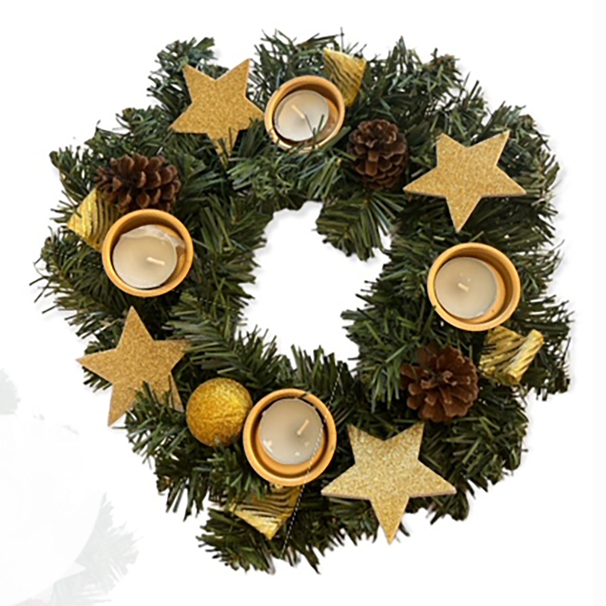 Weihnachtlicher Adventskranz Mit Gold/Braun-Dekoration – 34 Cm Durchmesser, Für Teelichter, Handgefertigt Aus Verschiedenen Materialien