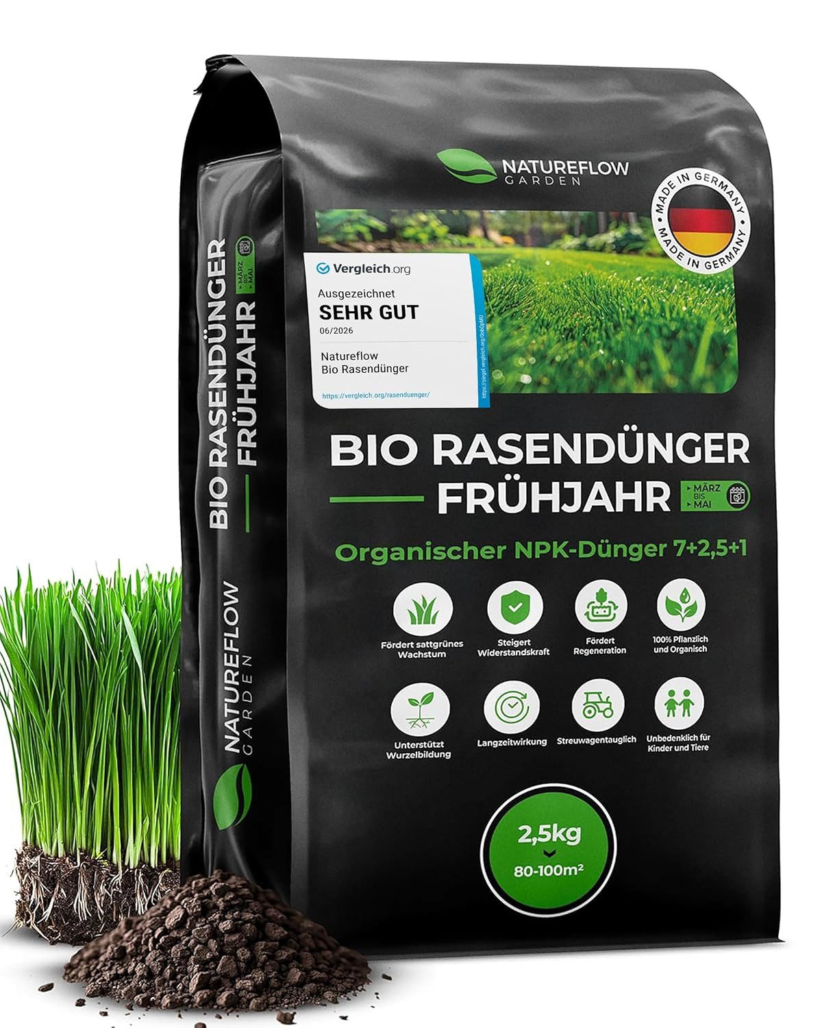 Natureflow Rasendünger Bio, 100% organisch, NPK 7+2,5+1, 2,5 kg/100 m², Frühjahr, Einzelartikel