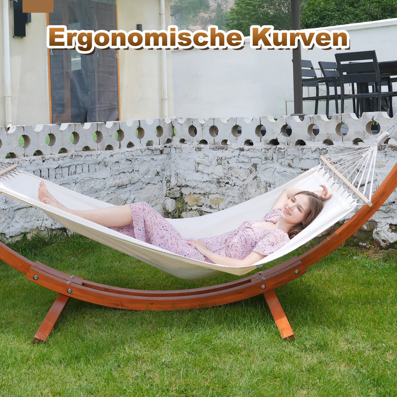 HOMAVO Hängematte mit Gestell, Mit 2 Hängematte, Stabiles Holzgestell, 200kg Belastbarkeit, Maße: 320x120x120 cm, Höhenverstellbar