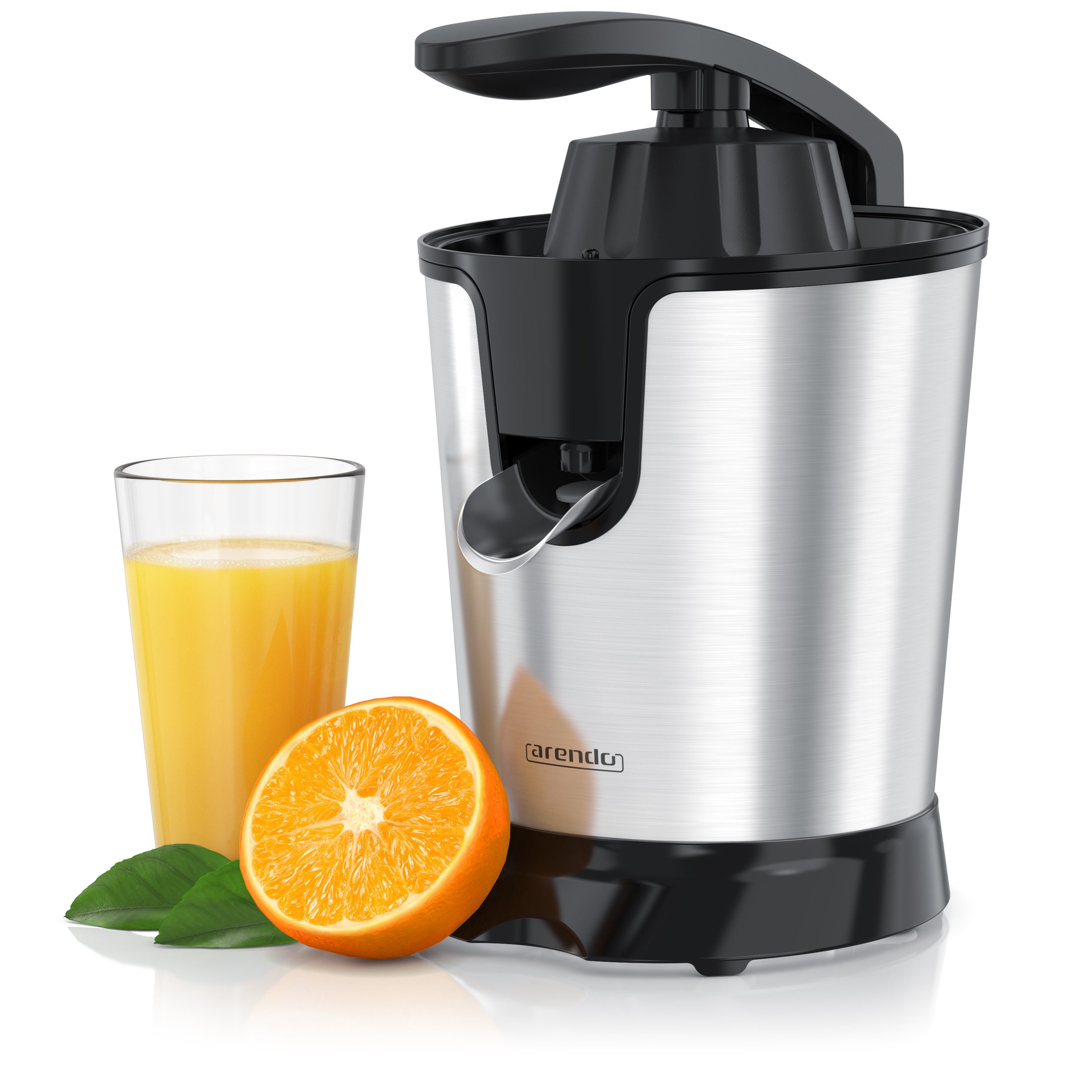 Arendo Entsafter Edelstahl Zitronenpresse, Orangenpresse, Limettenpresse, Saftpresse, 800 W, 0,4 L Behälter, 2 Presskegel, Tropfstopp, spülmaschinengeeignet