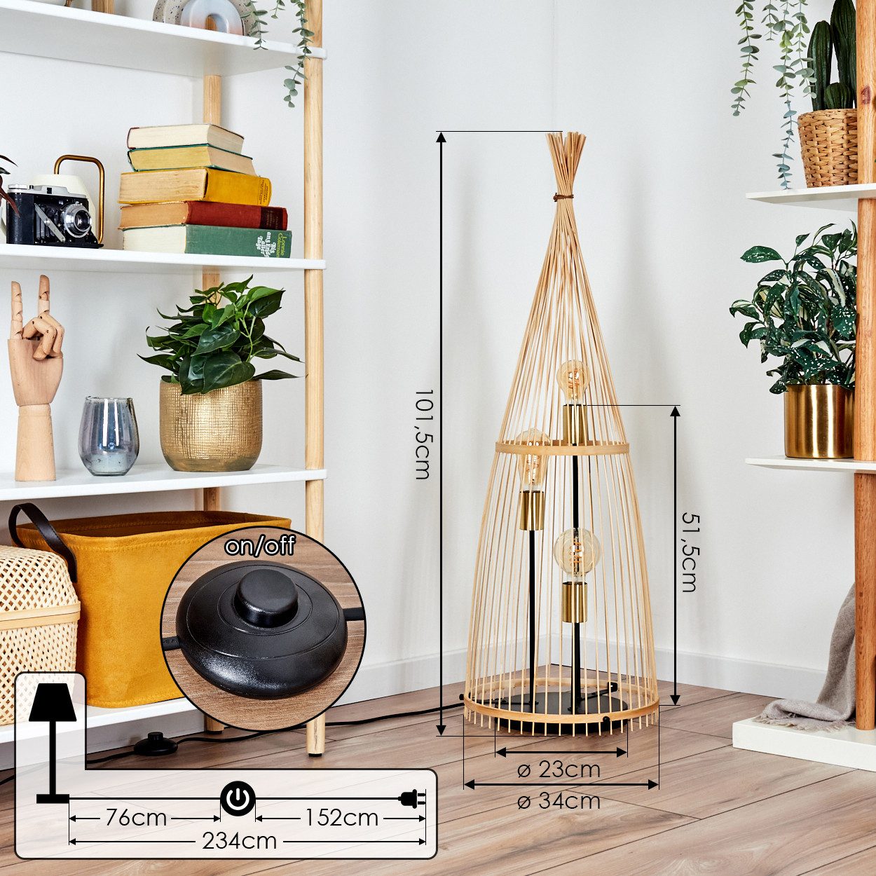 hofstein Stehlampe moderne Stehleuchte aus Metall/Bambus in Schwarz/Naturfarben, ohne Leuchtmittel, Boho-Style, Fußschalter am Kabel, Ø 34 cm, 3 x E27, ohne Leu – Bild 4 von 5