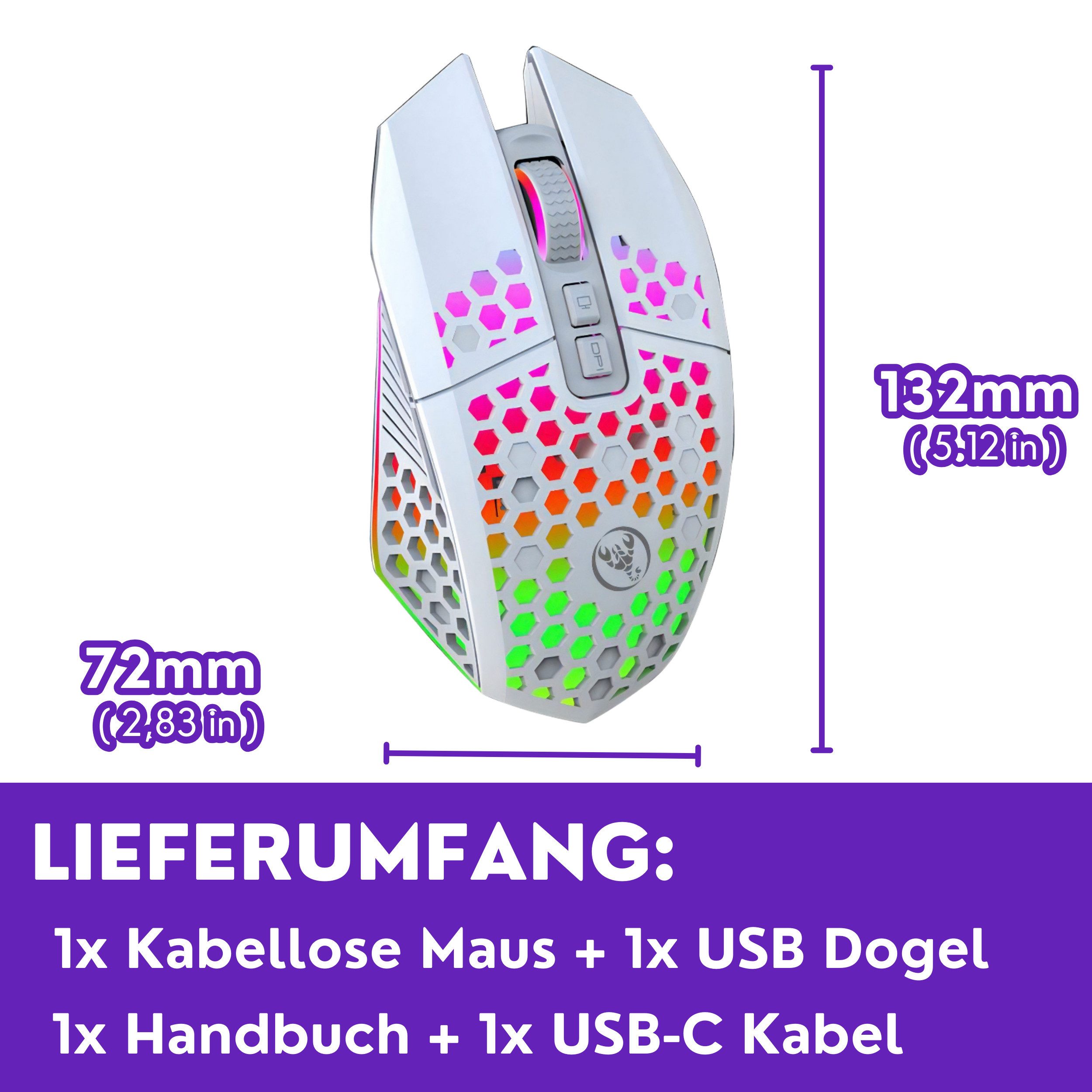 RUHE RGB Gaming Maus Kabellos Wireless Leise Weiß Schwarz USB Fixed RGB Gaming-Maus (Funk, bis zu 120h Akkulaufzeit Wireless Gamer Maus für PC, Mac, Laptop, Wei – Bild 5 von 5