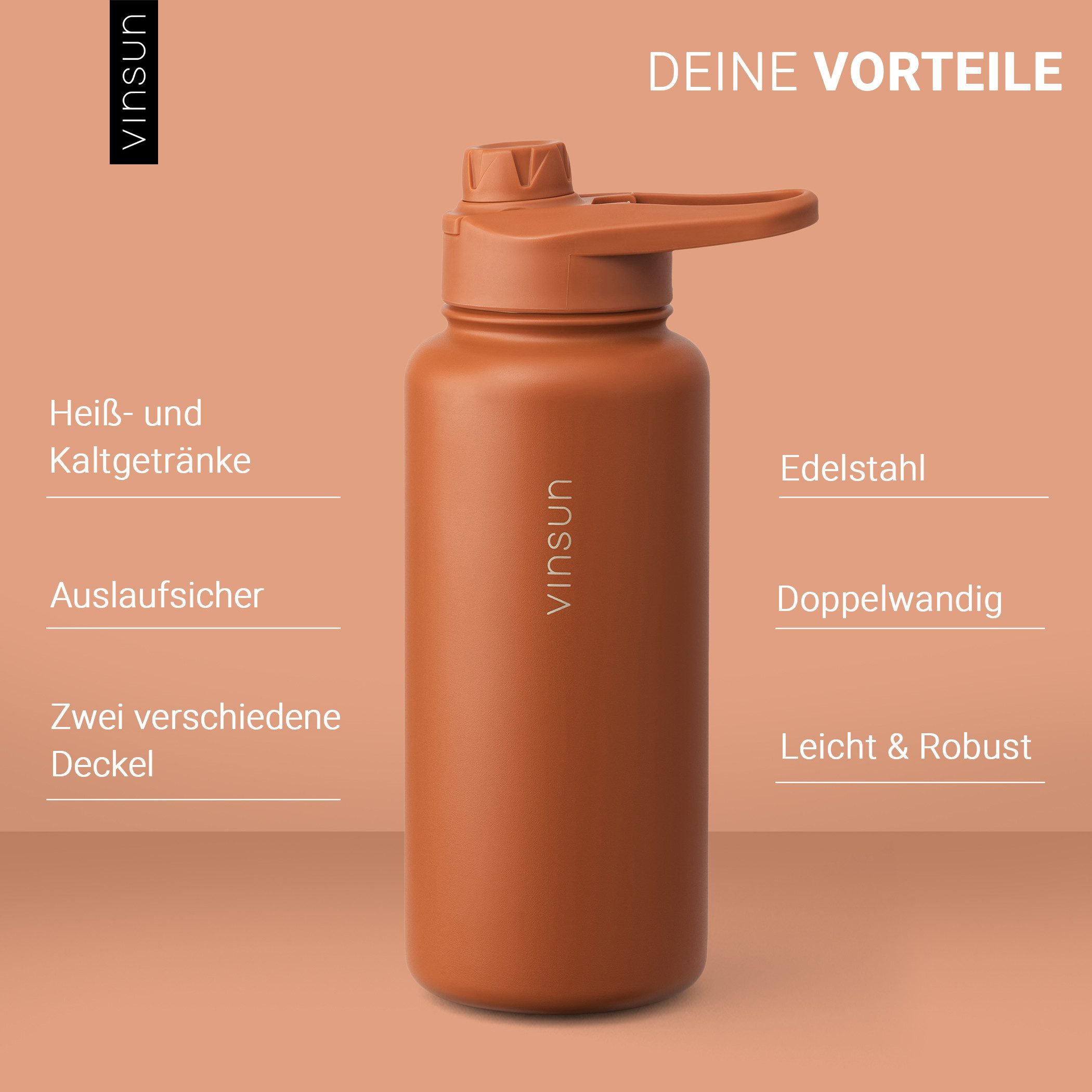 Vinsun Isolierflasche Edelstahl Trinkflasche 1L Strohhalm - 2 Deckel Thermoflasche BPA frei, Doppelwandig isoliert, auslaufsicher, bruchsicher, Geruchsneutral